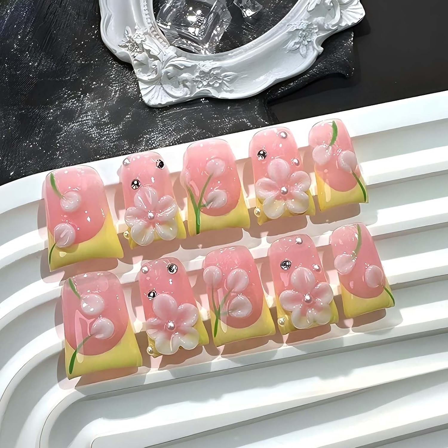 Pink Press on Nails - Handmade Yellow French Tip Design
