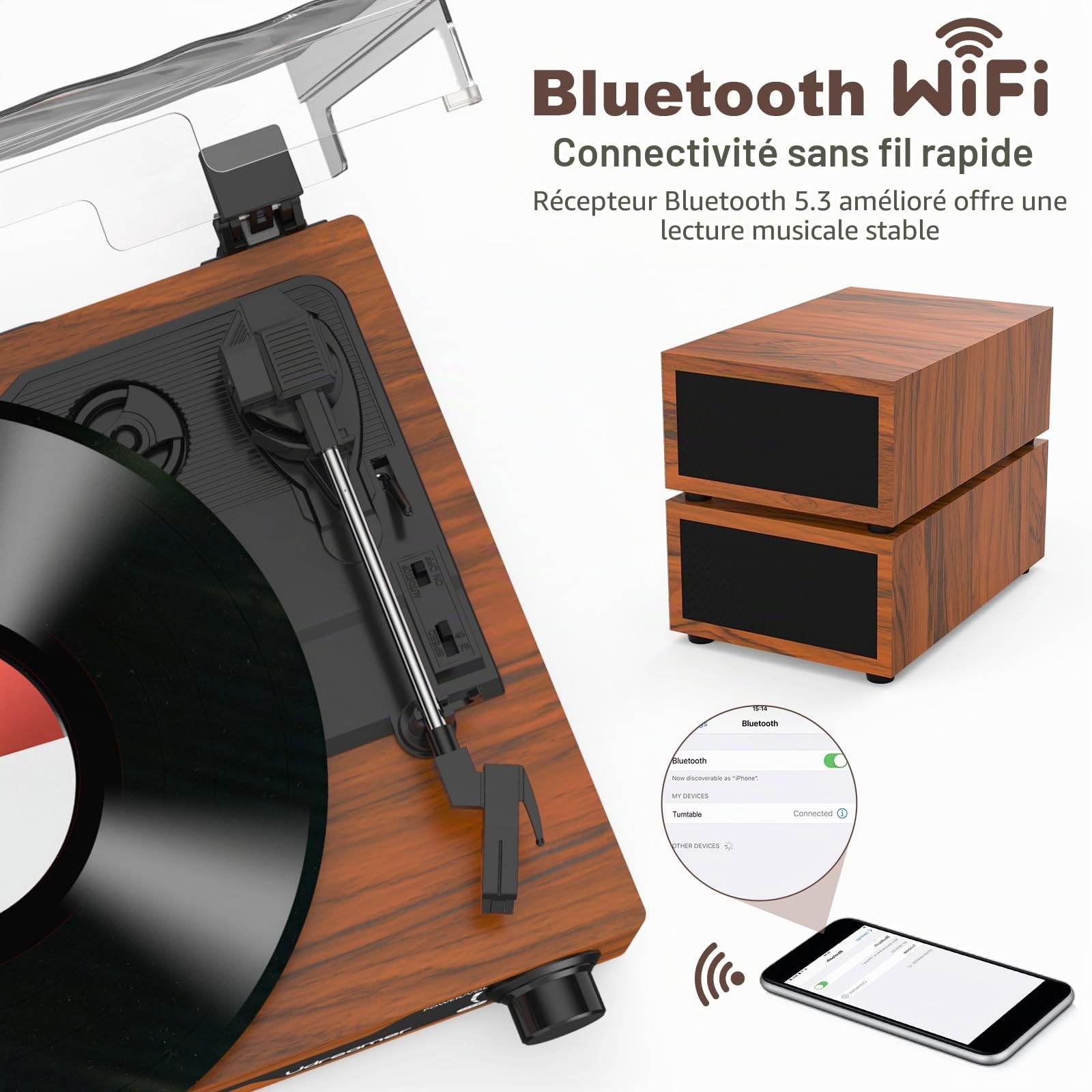 Udreamer Platine Vinyle avec 2 Haut-parleurs Stéréo Doubles, Vintage Tourne-disqu Bluetooth 5.3 Prend en Charge 3 Vitesses, Entrée Auxiliaire, Ligne RCA, USB,Lecture sans Fil, Marron