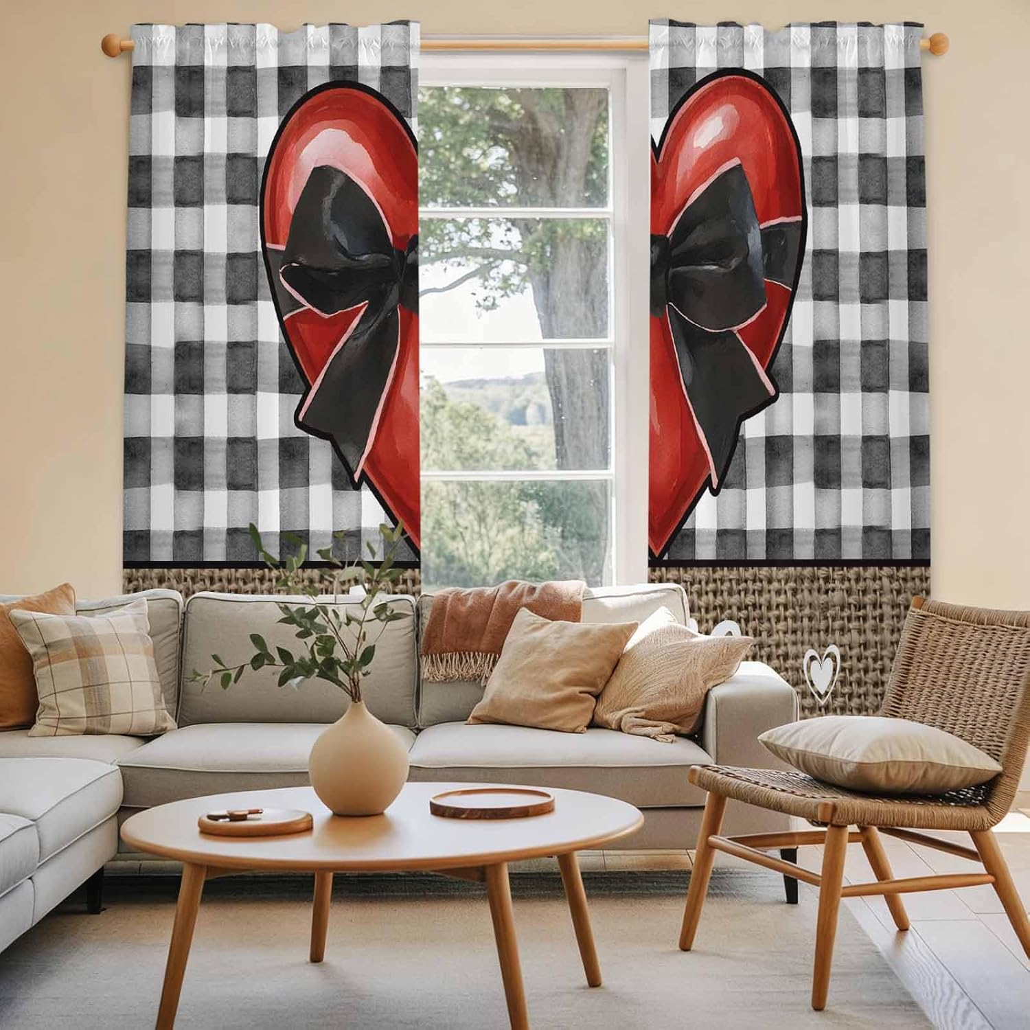 Valentine's Day Kitchen Curtains, Bow on Red Heart Love Black White Plaid Linen Light Filtering Window Curtain, 2Pcs Rod Pocket Window Treatments Set for Living Room Bathroom Bedroom 52x72 Inches