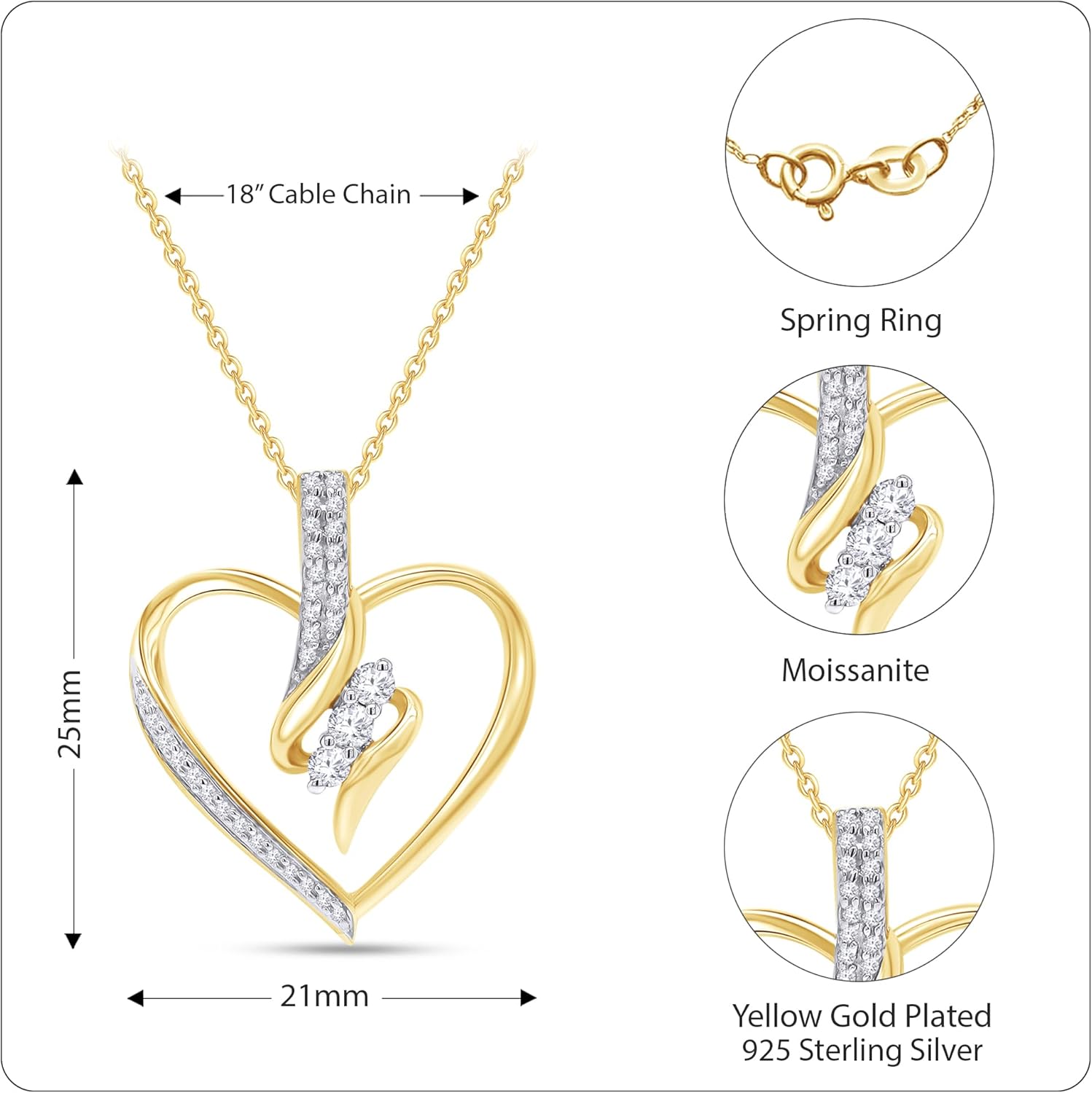 3 Stone Swirl Heart Pendant Necklace for Women in 925 Sterling Silver or 10K Gold with Natural Diamond, Moissanite, or Lab-Grown Diamond (0.25 Ct) Dainty Jewelry Gift, 18" Chain Gift for Her - Image 2