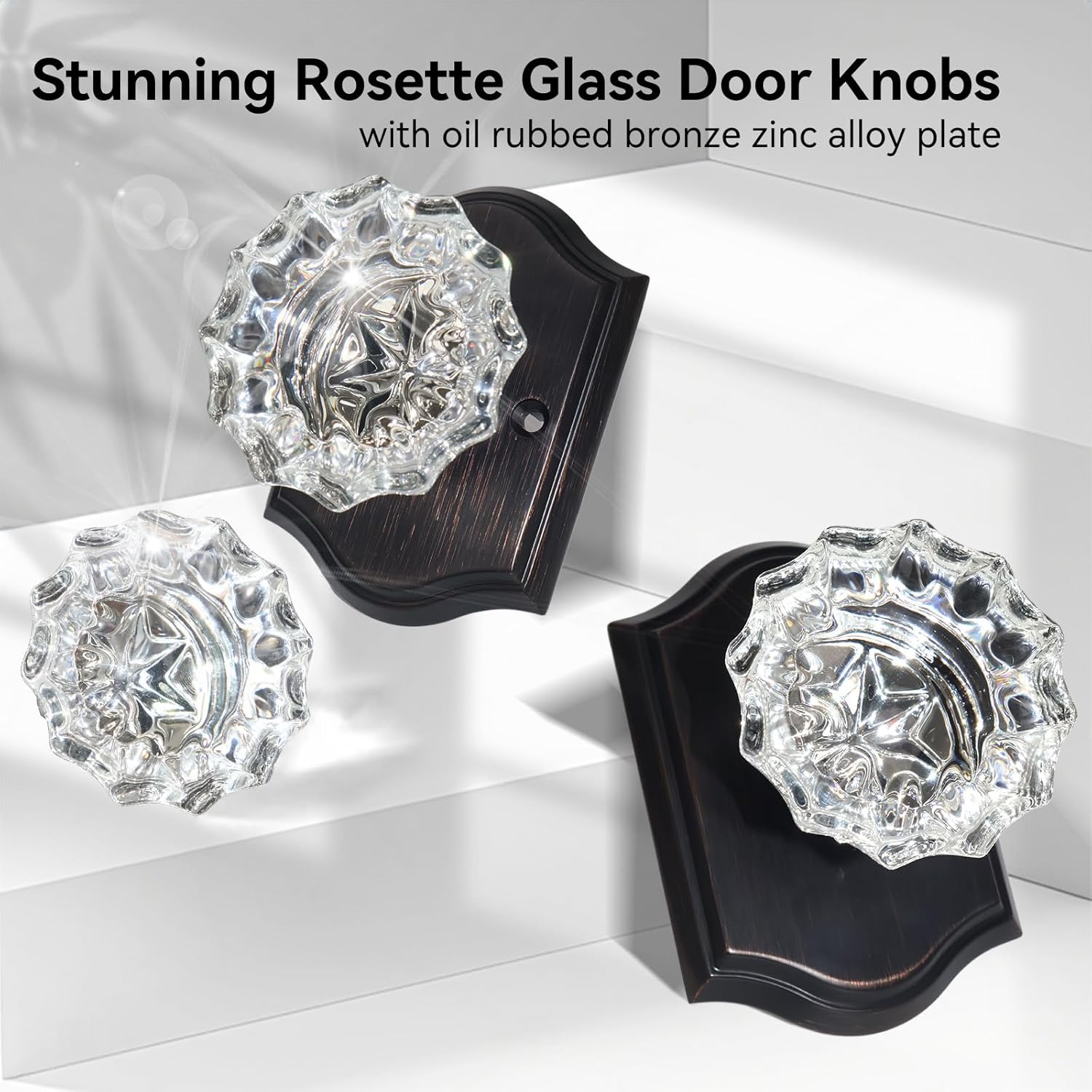3 Pack Crystal Door Knobs, Glass Door Knobs, Oil Rubbed Bronze Crystal Antique Doorknobs Interior for Bathroom Bedroom, Glass Vintage Door Knob Set