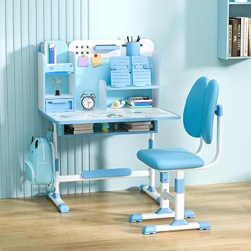 Premium Kids Study Desk Chair Set,Height Adjustable Childrens Desk and Chair School Study Table Chair with Pattern,Ergonomic Desk Chair with Writing Board, Bookshelf and Drawer for Boys Gir