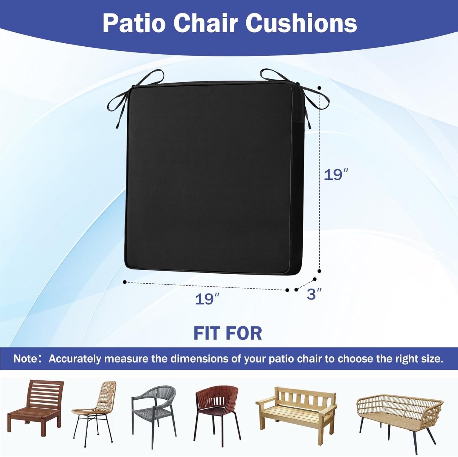 iaseahk patio chair cushions, 19" x 19" x 3" outdoor chair cushions set of 4, waterproof outdoor cushions for patio furniture, outdoors seat cushions set of 4 with handle and ties, black black 19*19+3"