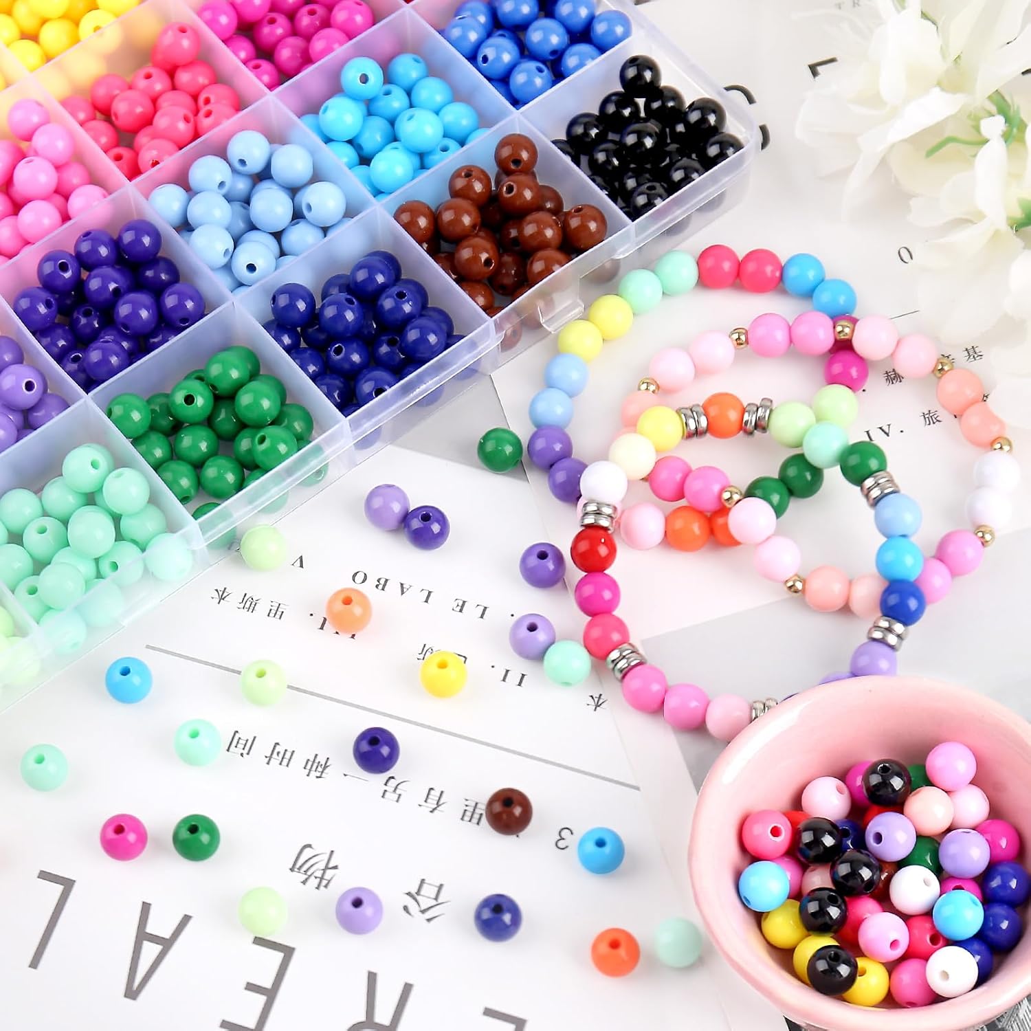 600Pcs 8mm Candy Color Acrylic Round Beads, 24 Colors Assorted Plastic Bubble Gum Beads with Hole Loose Beads Bulk for Bracelets Necklace Jewelry Making DIY Crafts - Image 5