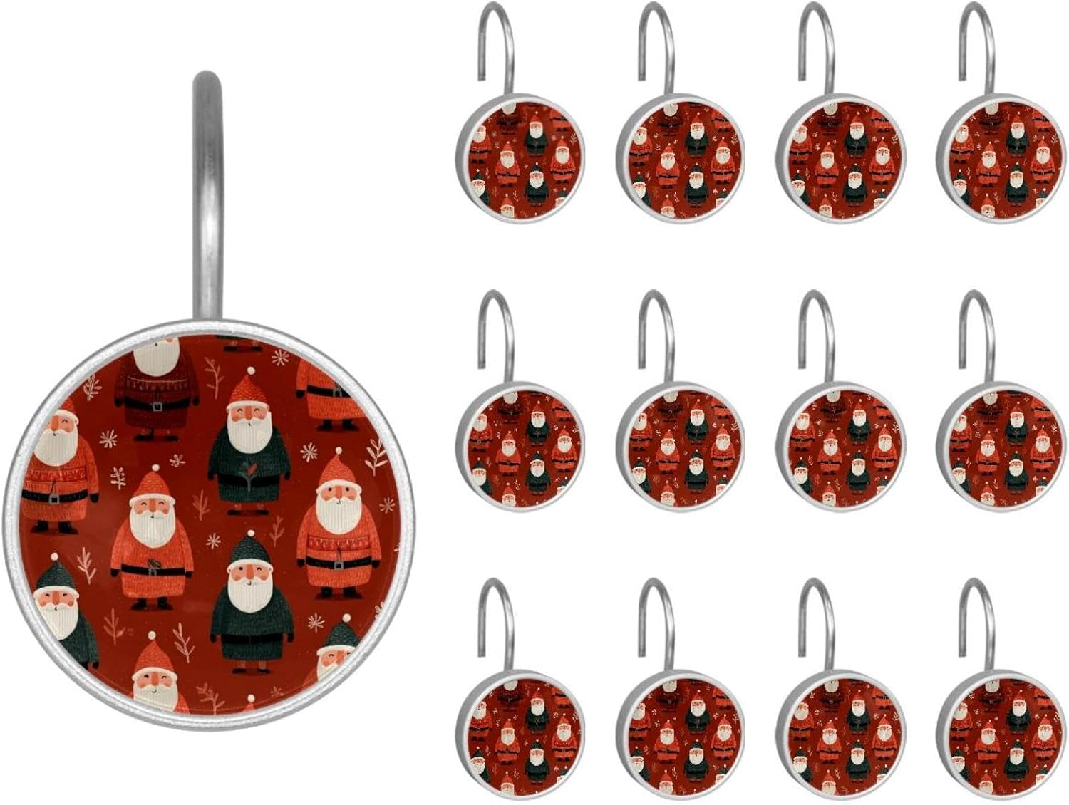 12PCS Christmas Santa Pattern (4) Shower Curtain Hooks Metal Rust Resistant Decorative Shower Curtain Hooks Bathroom Decorations