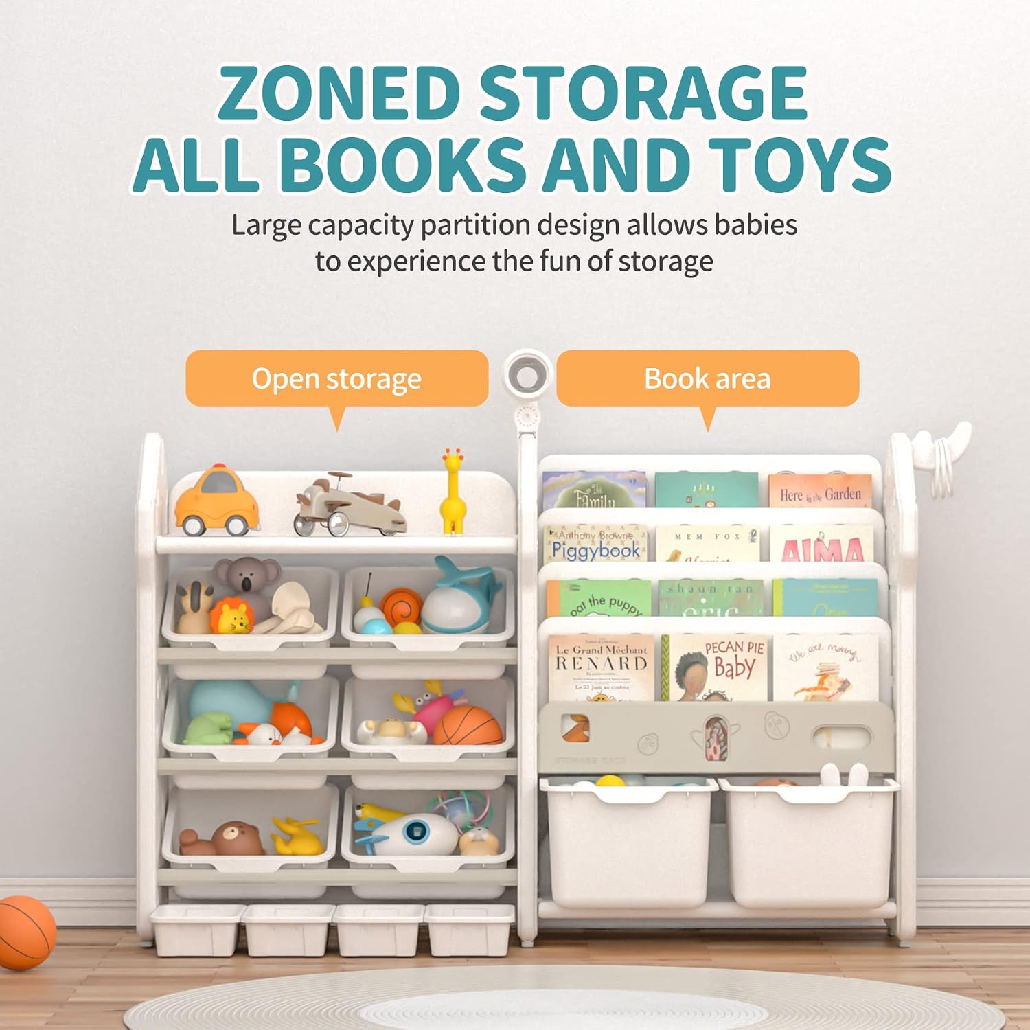 UNICOO® Kids Bookshelf and Toy Storage Cabinet, Montessori-Style Storage and Organization, Children Bookshelf with Bins, Toddler Storage Shelves for Nursery, Playroom, Study Room (YHMC0B - White)