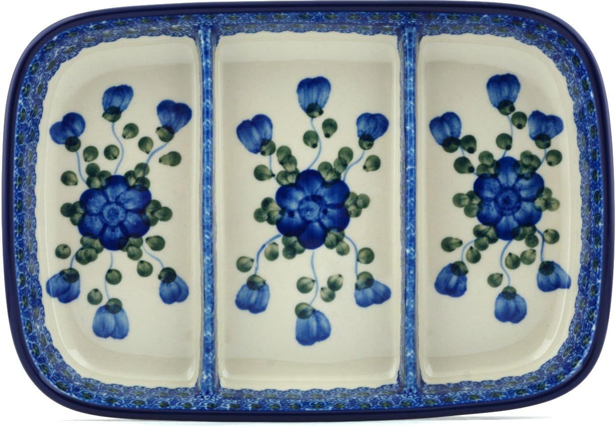 Polmedia Polish Pottery Divided Dish - Blue Poppies Pattern Handmade in Boleslawiec Poland by Ceramika Artystyczna + Certificate of Authenticity