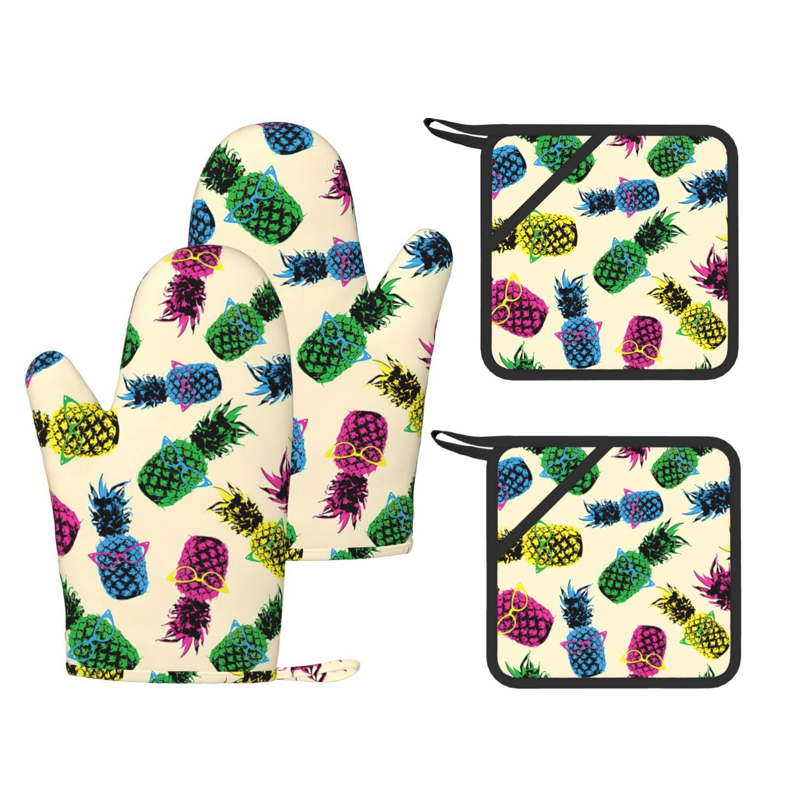 Eeprty Black Retro Pineapple Printed Kitchen Oven Gloves And Potholder 4 Pcs, Non-Slip Heat Resistant Mitts For Baking Chef