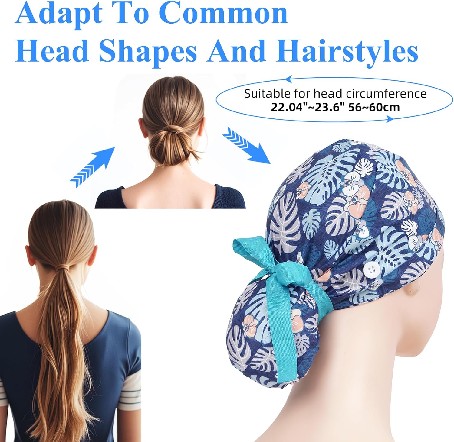 FADACHY Scrub Caps Women,Ponytail Holder Working Cap with Buttons Ribbon Tie for Laies,Surgical Nurse Cap Long Hair - Image 5