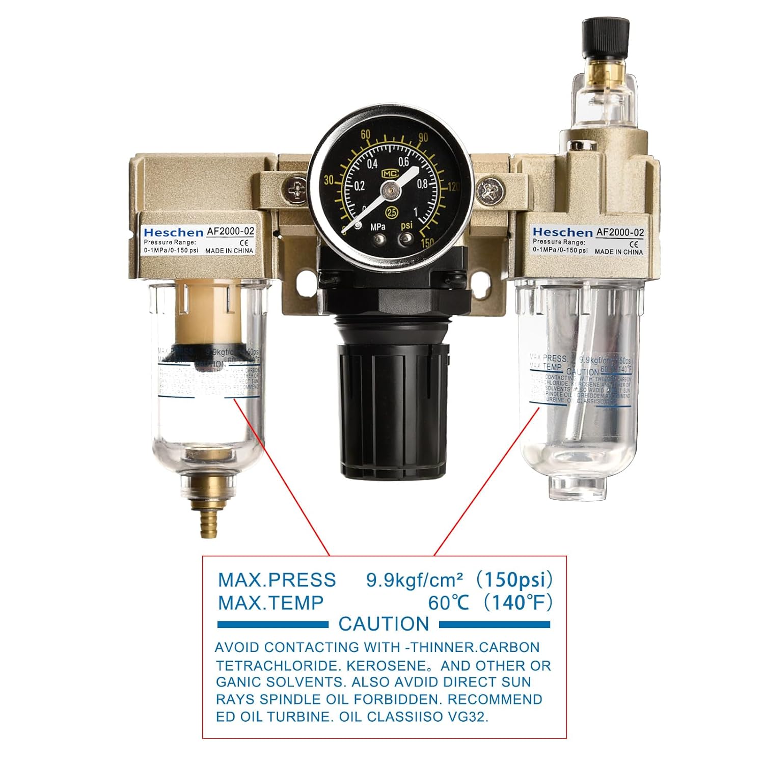 Heschen Air Source Treatment Regulator AC2000-02 0-1 MPa PT 1/4" with Gauge Range Filters