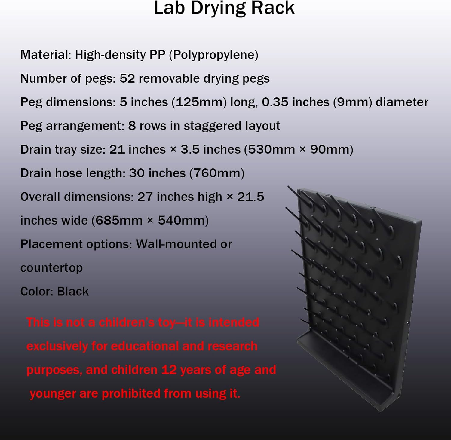 Lab Drying Rack Glassware Drying Rack with Drain Tray & Hose Lab Equipment Organizer for Glasswar 52-Pege PP Plastic