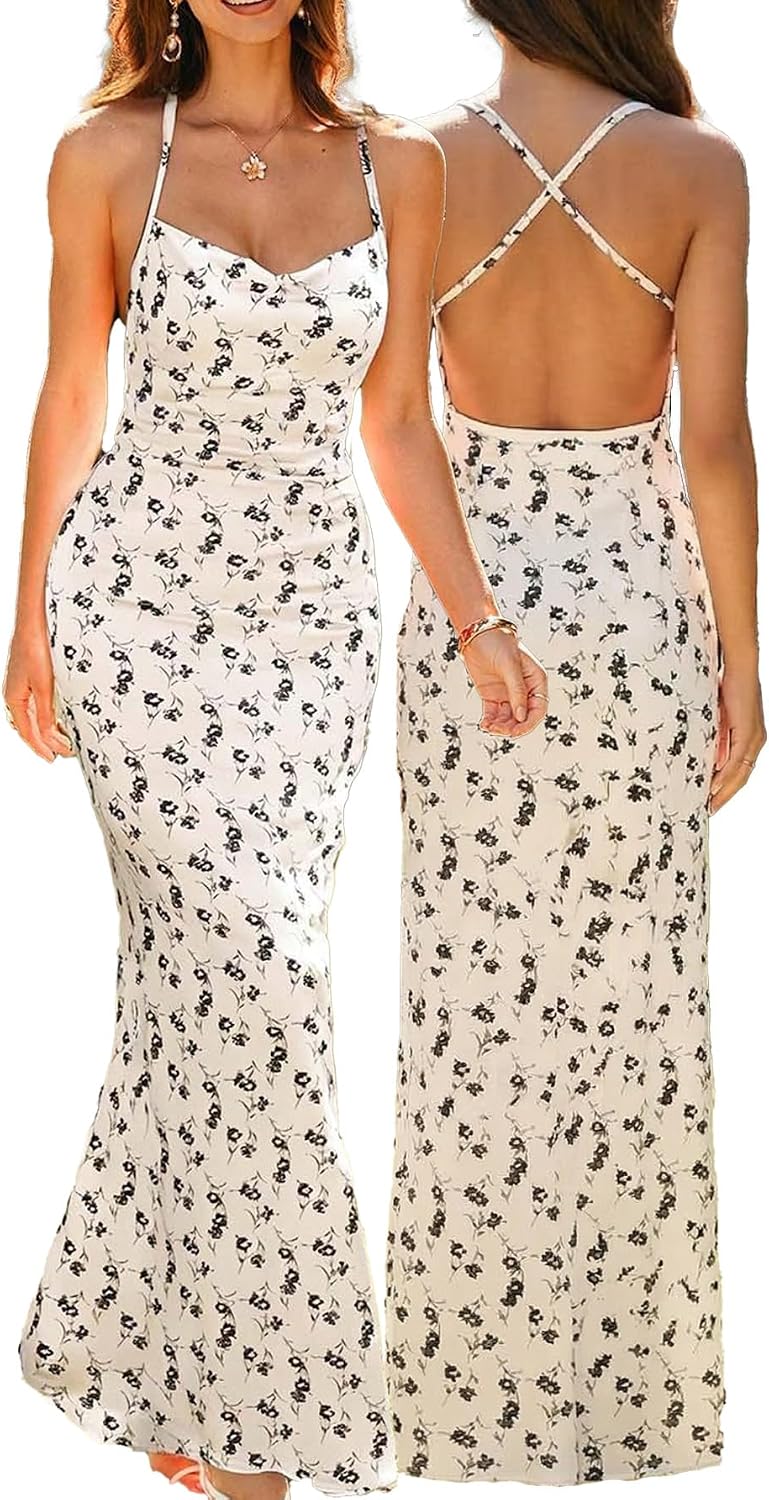 Narecte Women Floral Maxi Dress Spaghetti Strap Backless Bodycon Dress