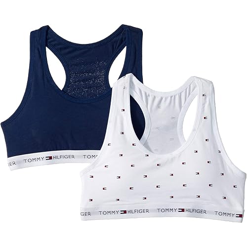 Tommy Hilfiger Girls' Crop Sports Bra (Pack of 2), Racerback Straps & Soft Elastic Waistband, Cotton & Spandex