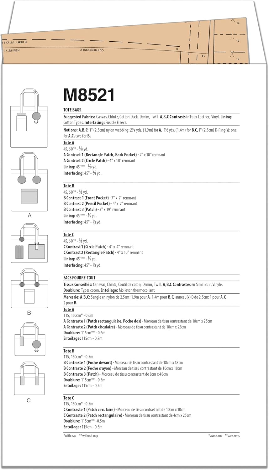 McCall's M8521OS Easy-to-Make Lightly Padded Lined Tote Bags Sewing Pattern Packet, Design Code M8521, Sizes One Size