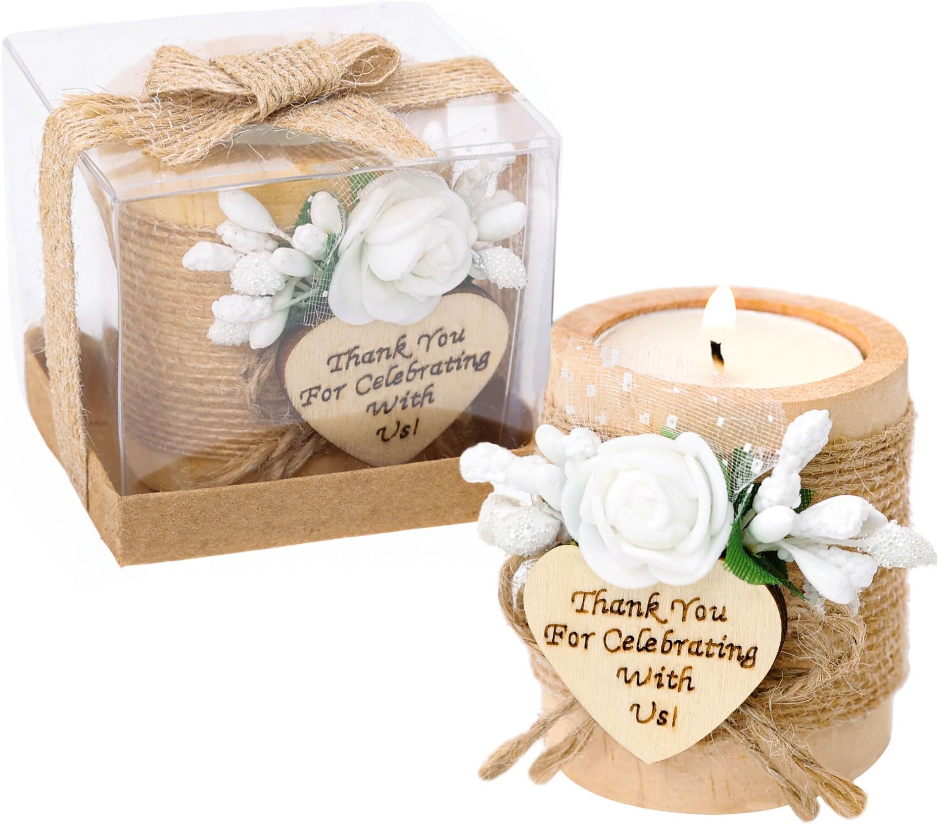 Ju's Favors 10 Piece Set of Wooden Tealight Candle Holders, Wedding Party Guest Favors, Thank You Favors, Guest Return Favors, Bridal Shower, Housewarming Gifts for Guests. (Light Brown+Rose)