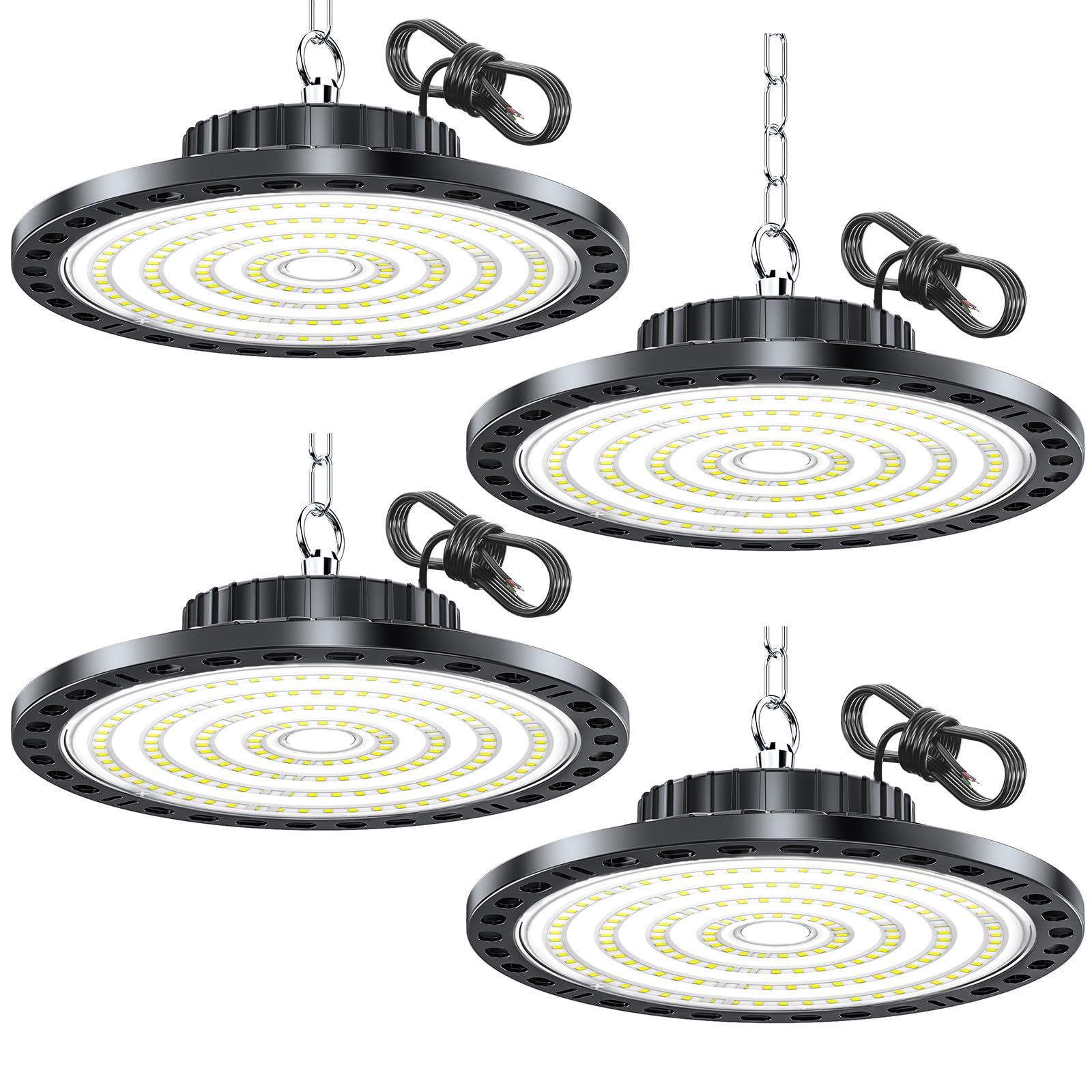 HAPYLUMI LED Hallenstrahler 100W 10000lm, 4 Stücke Hallenbeleuchtung UFO Lampe 6500K Kaltweiß, LED Werkstatt Deckenleuchte IP65 Wasserdicht AC 85-265V, für Werkstatt Garage Lager Keller