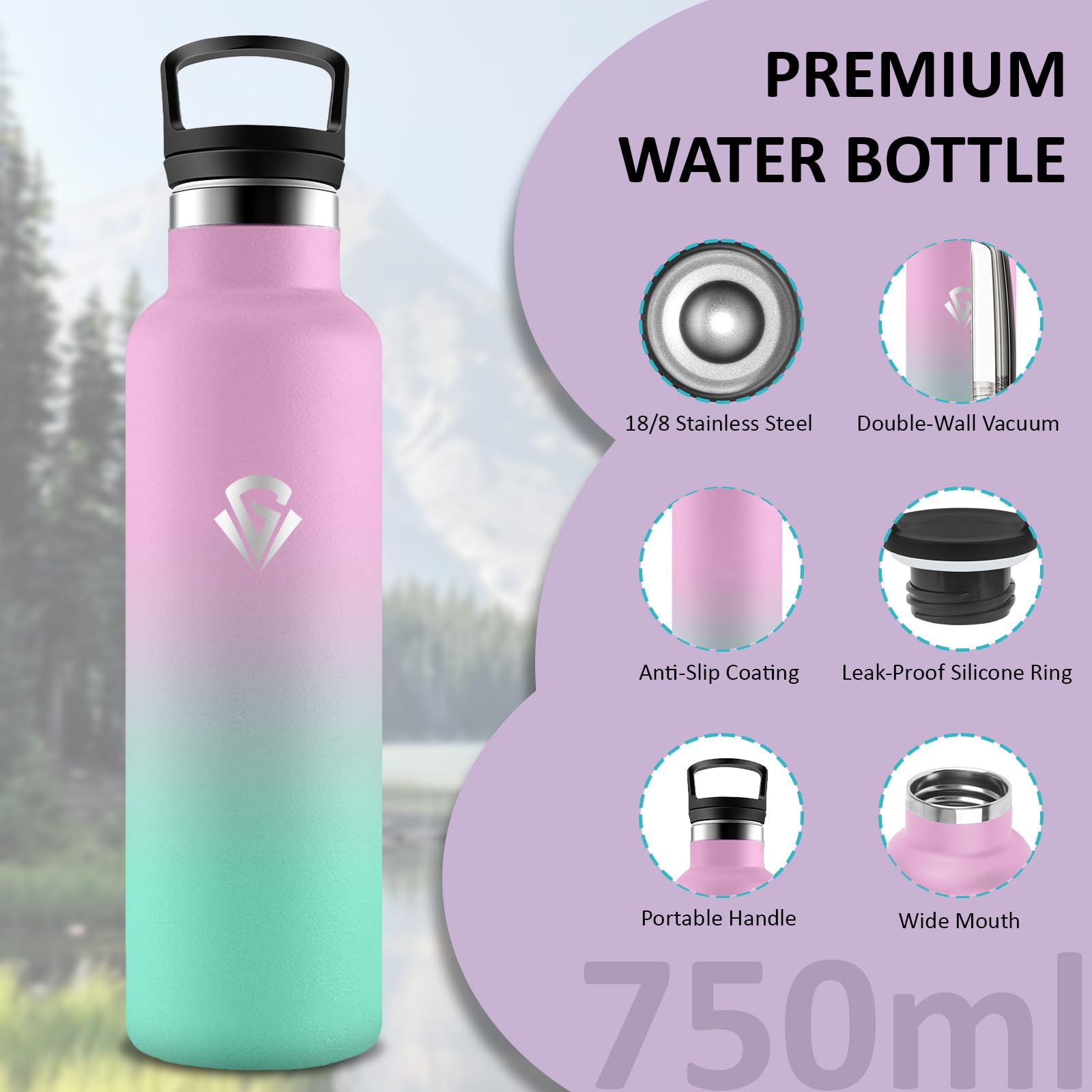 Borraccia Termica- 750ml- Bottiglia Termica, Borraccia Sportiva, Senza BPA, Bottiglia Termica Con Filtro e Cannuccia, Senza Perdite, Borracce per Campeggio, Viaggio, Fitness, Escursionismo