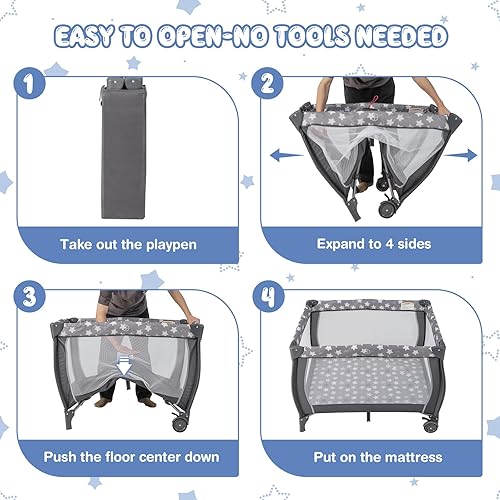 Miniatura 6 de HONEY JOY Pack and Play, corralito portátil 3 en 1 con moisés, cambiador, ruedas bloqueables, caja de música, centro de guardería plegable para cuna