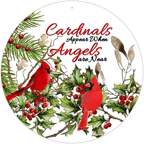 Letrero de metal con texto en inglés "Welcome Cardinals Appear When Angels Are Near Round Metal Tin Sign", placa de pared rústica para el hogar,