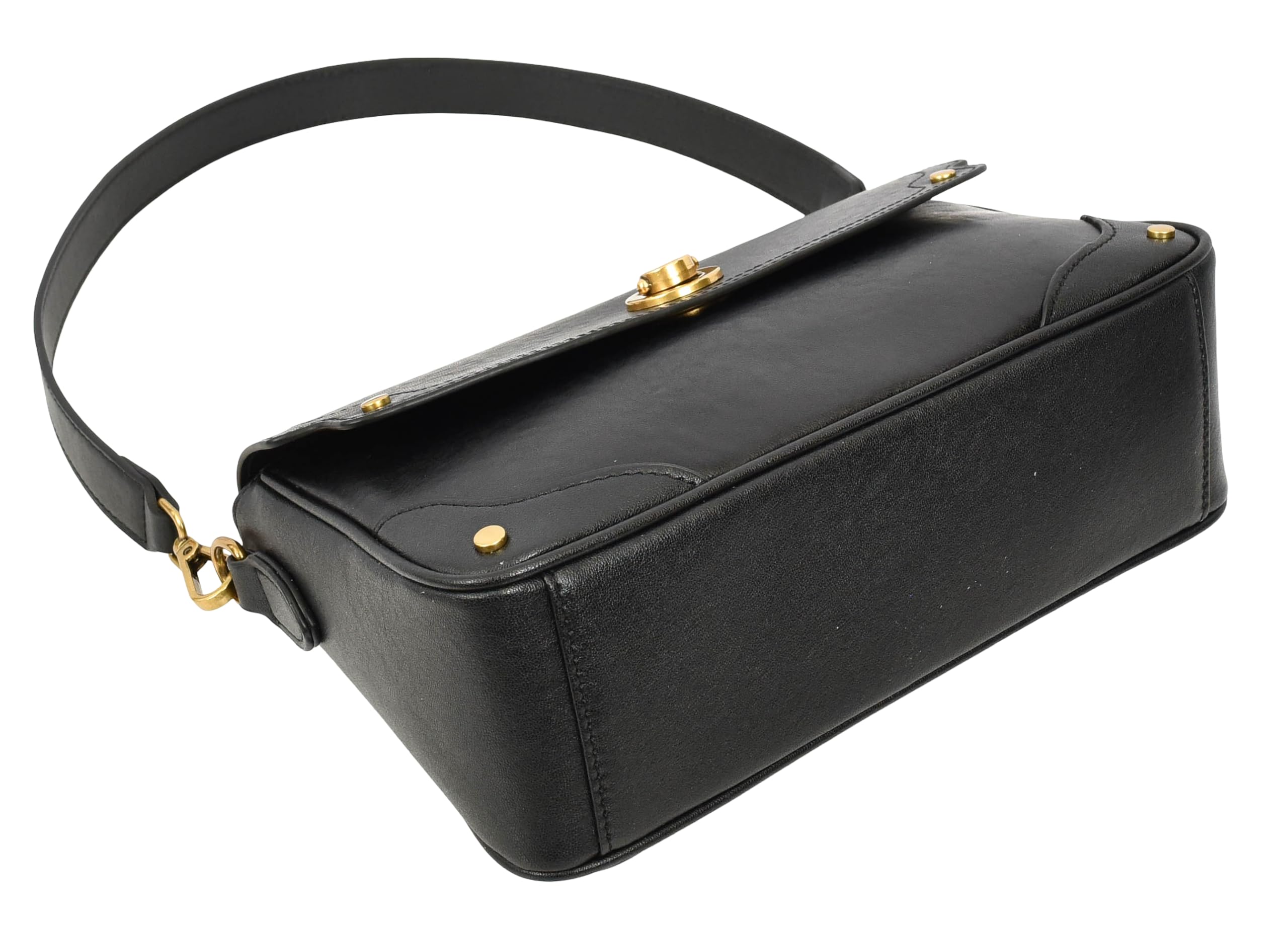 Bolso cruzado de cuero con solapa para mujer, bolso de hombro con cierre giratorio con herrajes dorados, tachuelas en las esquinas, bolsillo trasero con cremallera y forro beige |