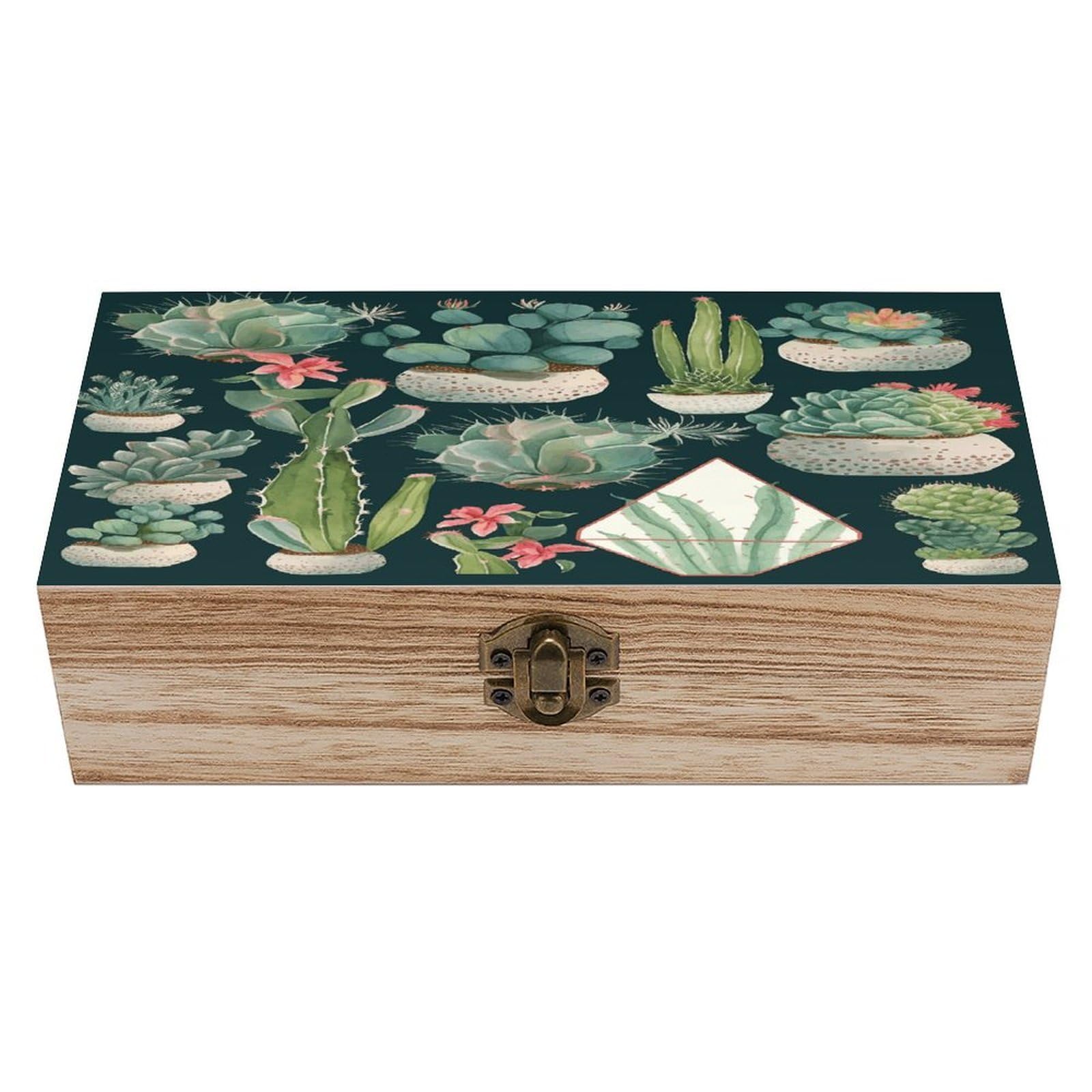 VstaDank Succulent Plants And Cactus Wooden Storage Box Wooden Keepsake Box with Hinged Lid Exquisite Solid Wood Decorative Jewelry Case Memory Box for Jewelry Photos Letters Crafts Trinkets