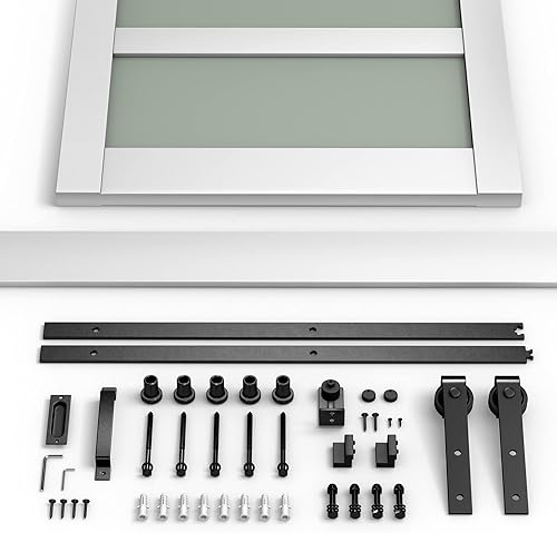 Miniatura 5 de Puerta corrediza de granero de vidrio templado, 84 x 36 pulgadas, color blanco, puerta de granero de vidrio esmerilado individual con kit completo