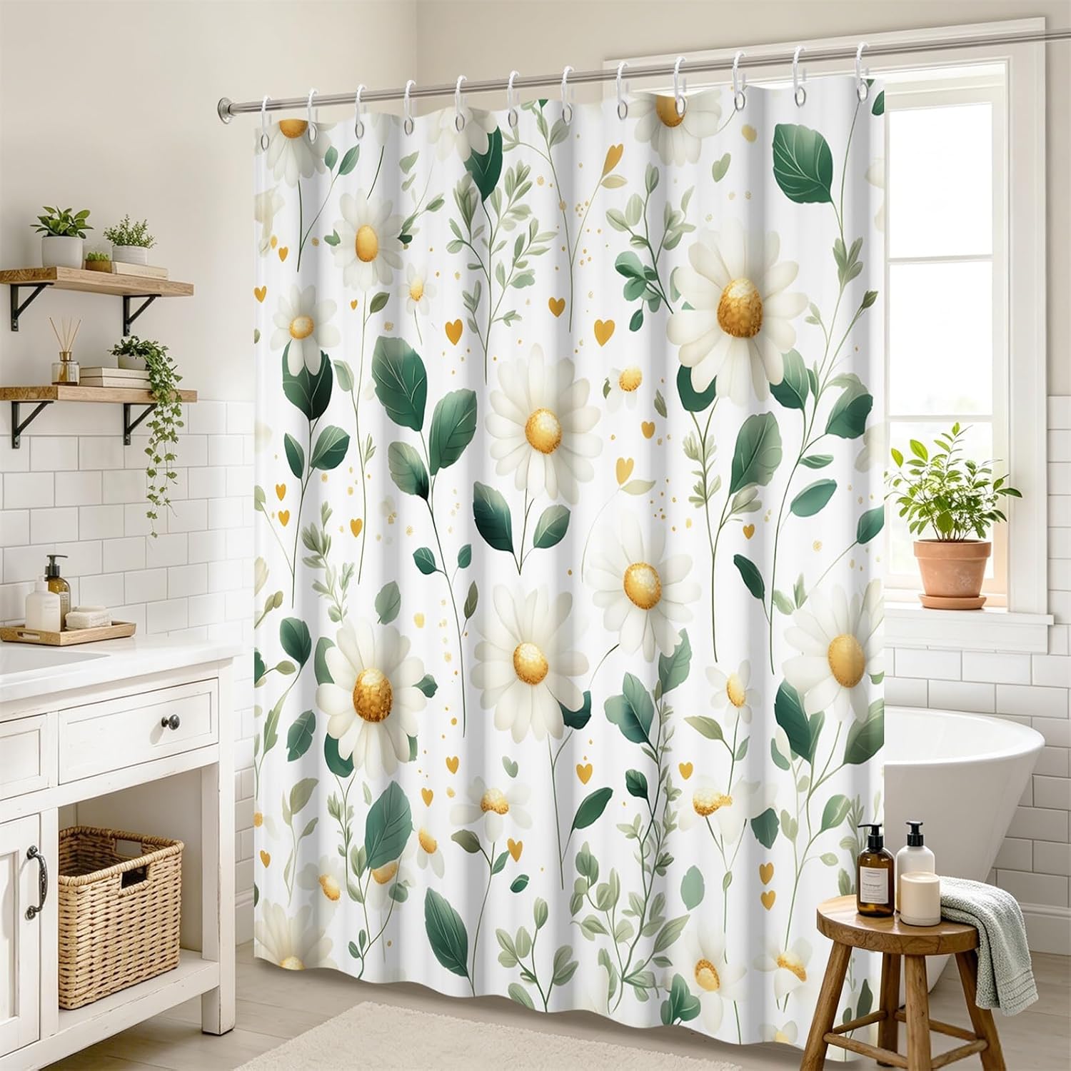 Green and White Daisy Floral Shower Curtain, Summer Botanical Nature Plant Leaf Fabric Shower Curtains for Bathroom, Farmhouse Waterproof Polyester Bathtub Curtain Set with 12 Hooks, 72x72 Inch