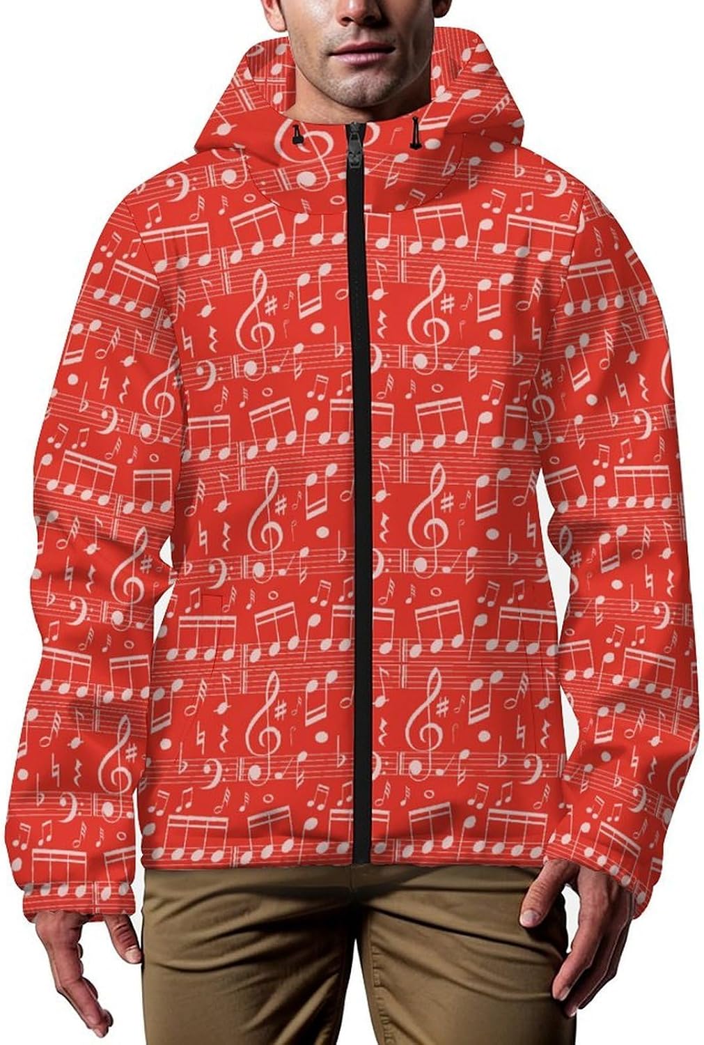 Musical Note Men's Windbreaker Jacket Lightweight Hooded Windbreaker Coat with Pockets