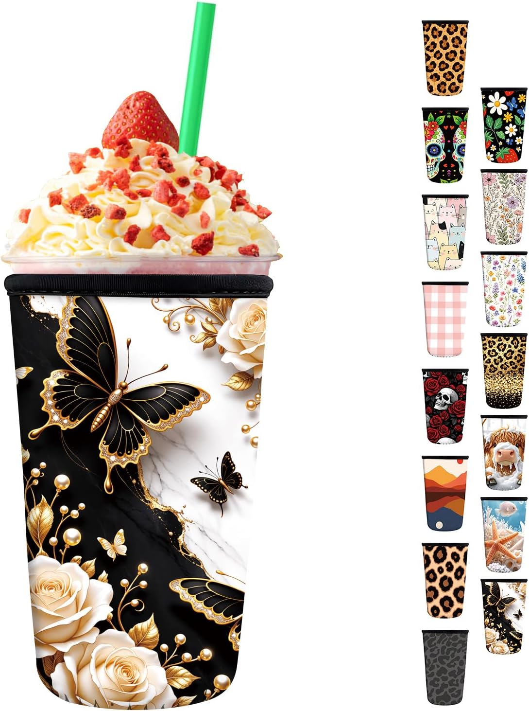 Reusable Neoprene Insulator Sleeve for Iced Coffee Cups, Medium 22-28oz Durable Drink Sleeve for Cold Beverages, Cute Beverage Holder Cup Sleeve for Women Men Colorful Skull Floral