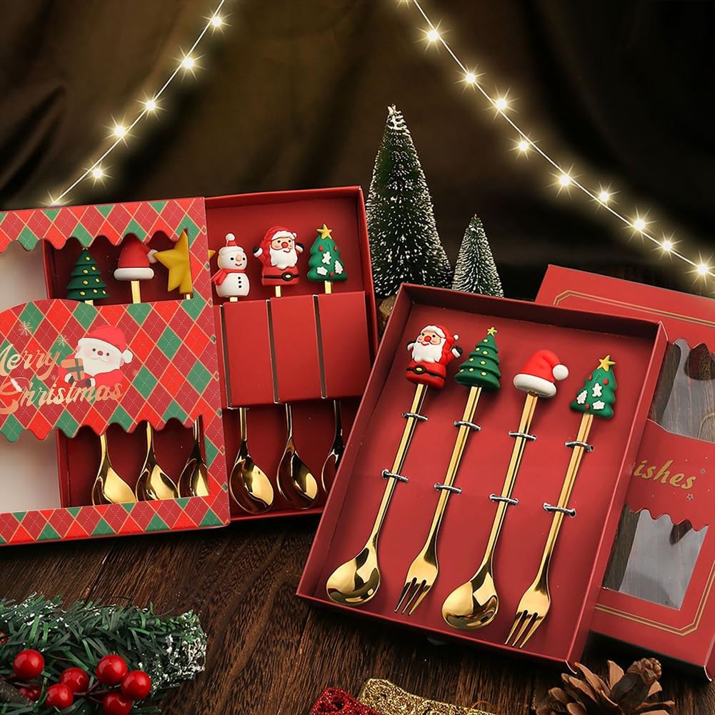 Bloepum Christmas Set Gift Tableware Spoon & Fork Set Dessert Spoon Fruit Fork Coffee Spoon Tableware Set A