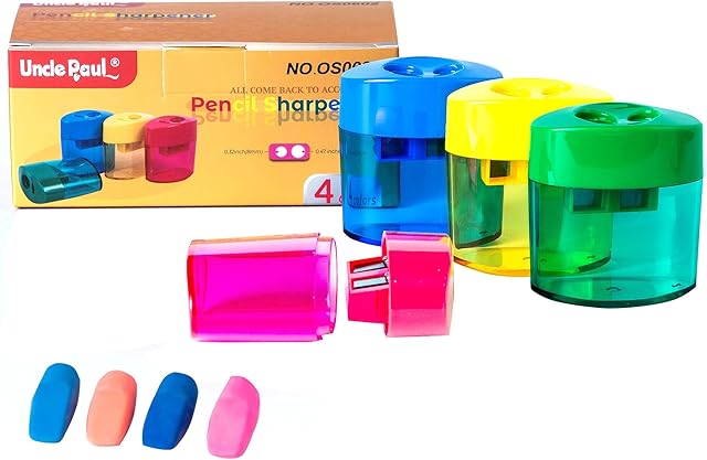 4 Pcs Manual Pencil Sharpeners Double Hole Portable Pencil Sharpener for Kids Students School Home Office Supply with 4 Pcs Erasers OS0602