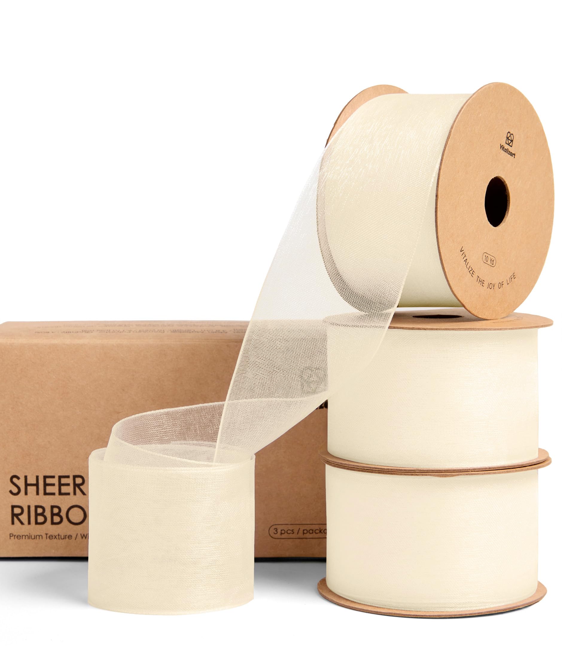 Vitalizart 1.5" x 30 Yd Cream Organza Ribbon 3 Rolls x 10 Yd, Fabric Sheer Ribbons for Gift Wrapping, Crafts, Wedding Invitations, Christmas Wreath Bows, Bouquet
