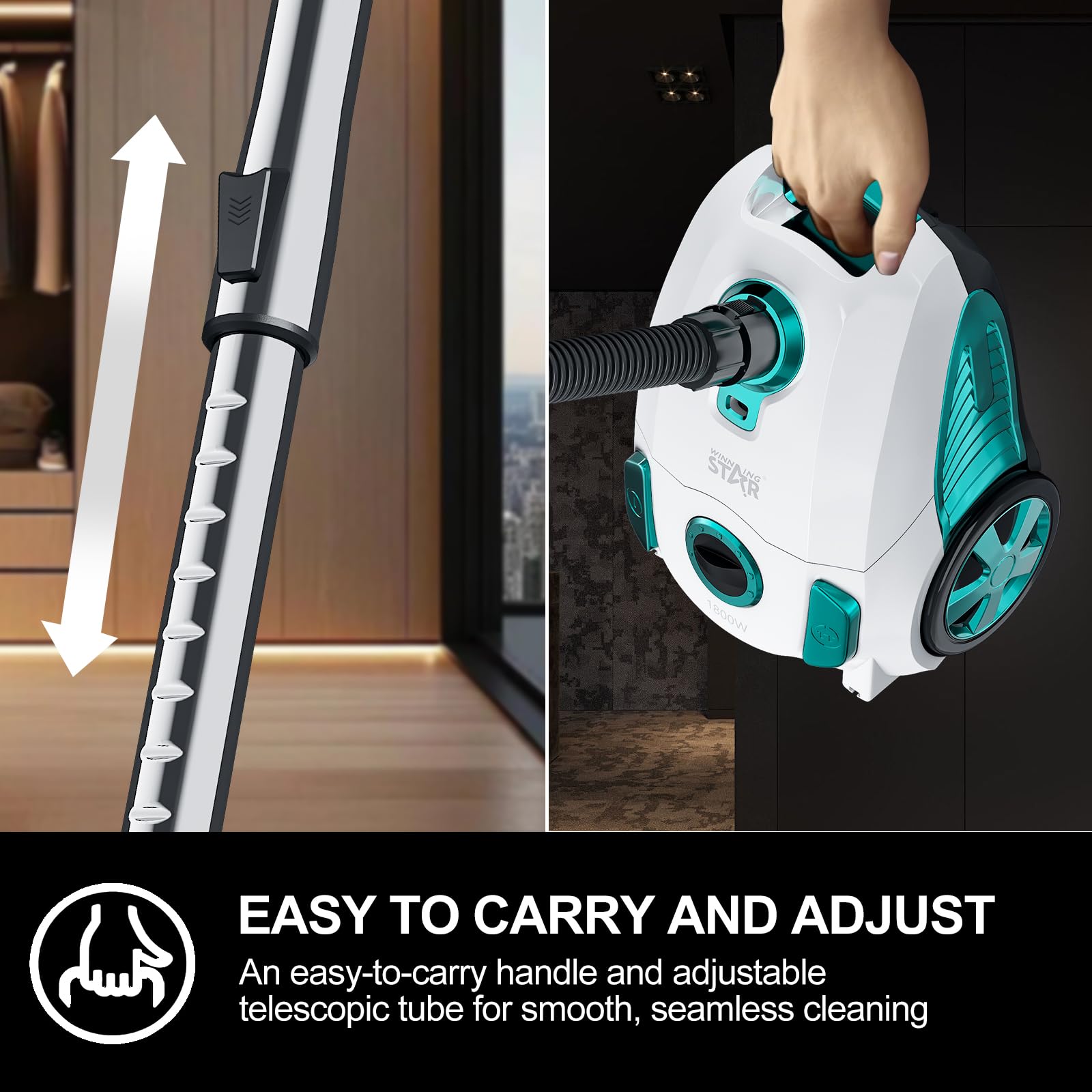 Aspirador compacto con bolsa de 1800 W con filtro HEPA | Aspirador trineo controlable a pie, 22 kPa,cable de 5 m, sin bolsa para polvo, 4 L, para alergias y pelos de animales, suelo