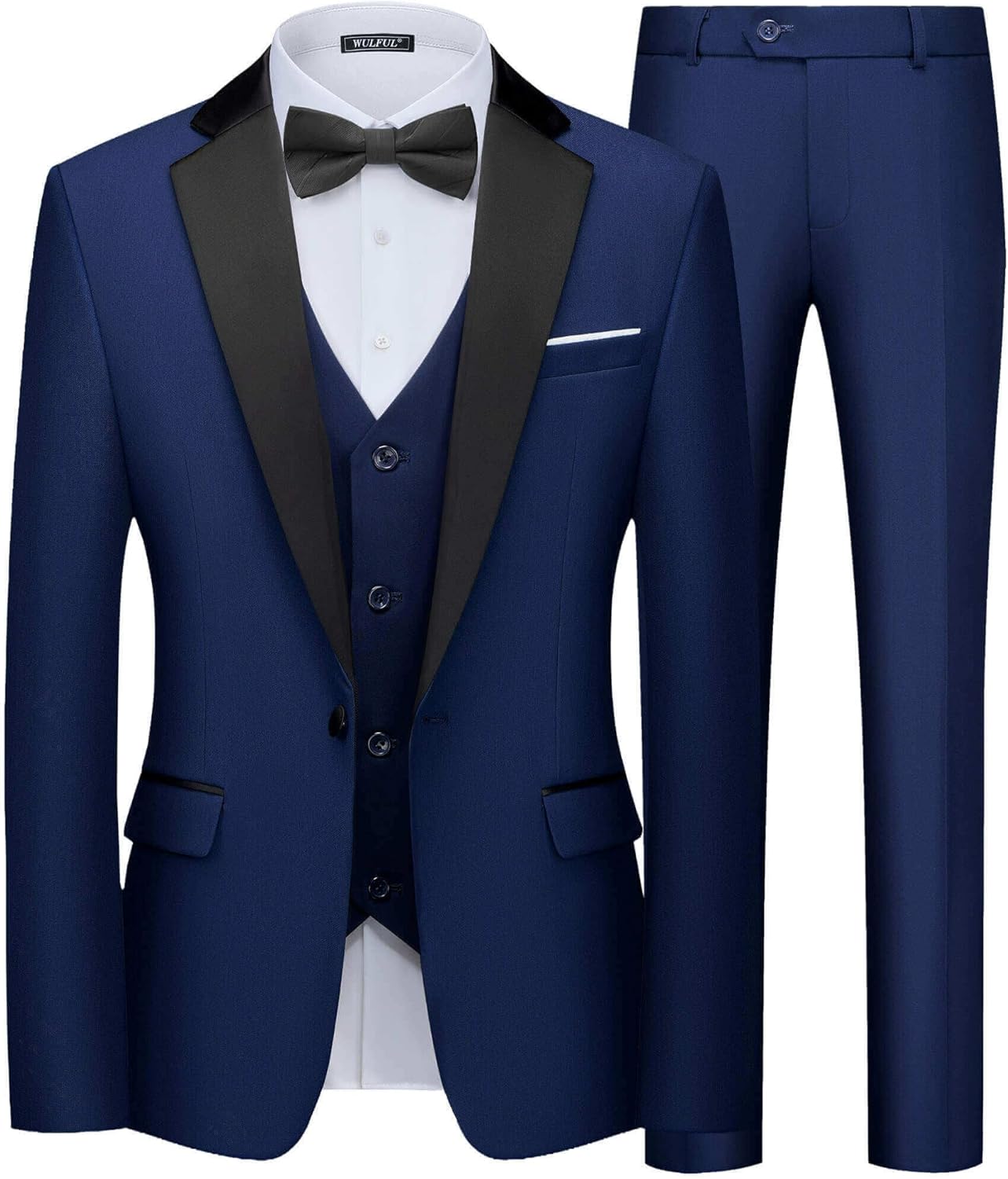 WULFUL Men's 3 Piece Suits Slim Fit Tuxedo Suit Set One Button Shawl Lapel Blazer Jacket Vest Pants Set for Prom, Business