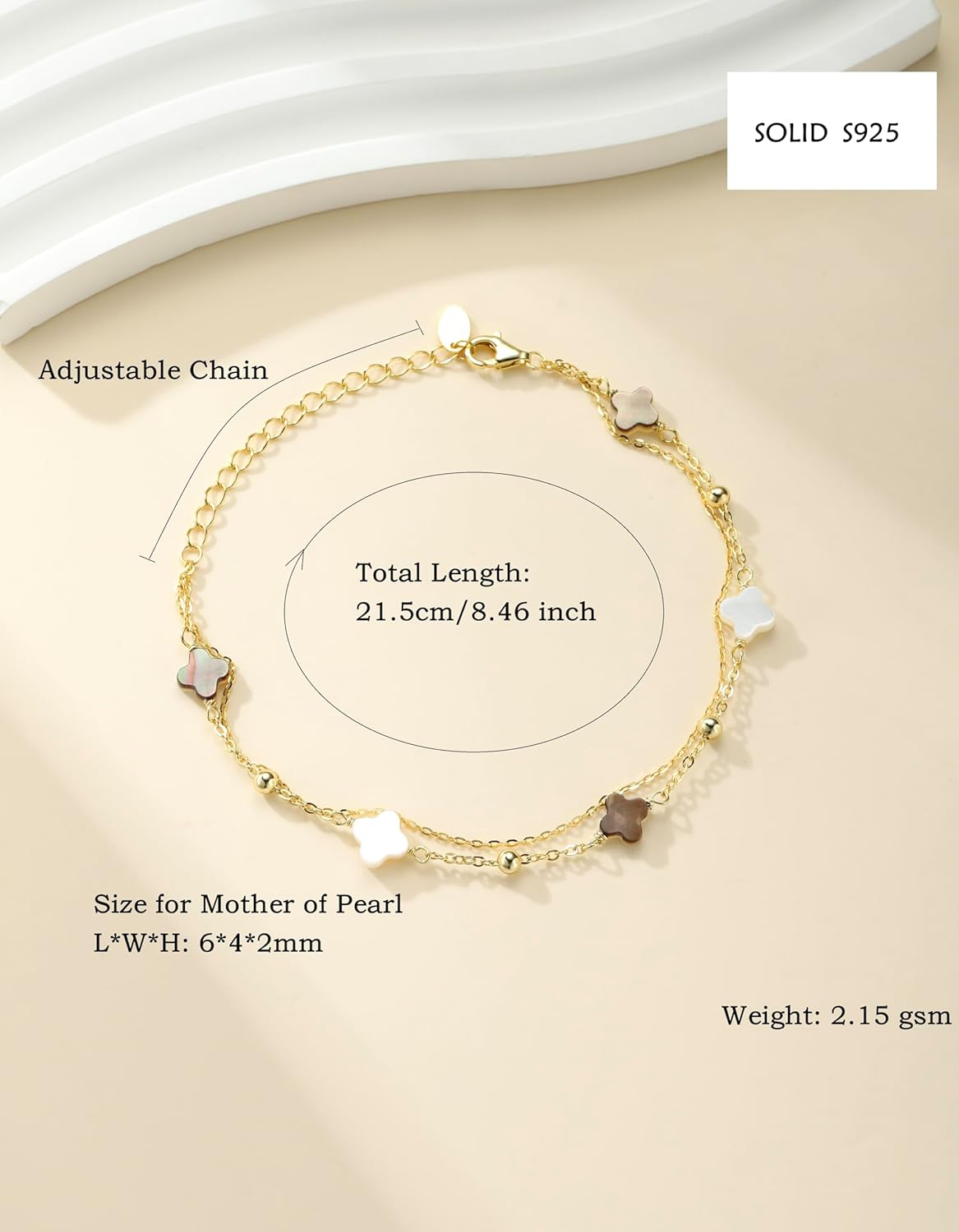 925 Sterling Silver Clover Bracelet with White and Black Mother of Pearl Charm, Four Leaf Lucky Small Gift for Women - Image 3