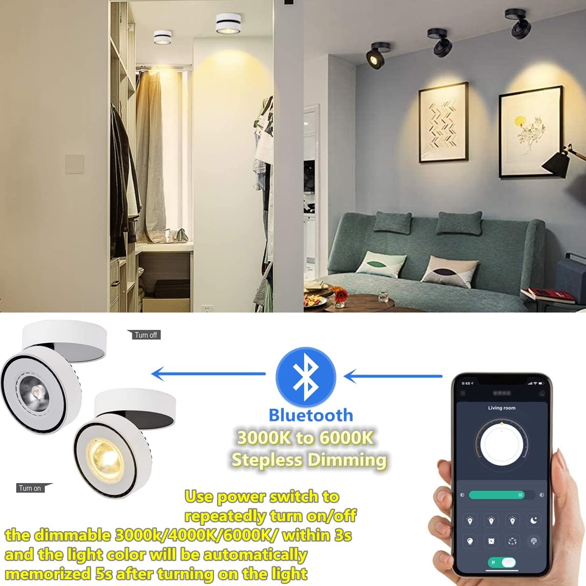 Dimmable Art Ceiling Spot Light LED - 360° Adjustable Surface Mounted Dimming 12W COB Lighting Indoor Ceiling Downlight Aluminum Wall Light for Bedrooms Rooms Corridors Gallery Display (White)