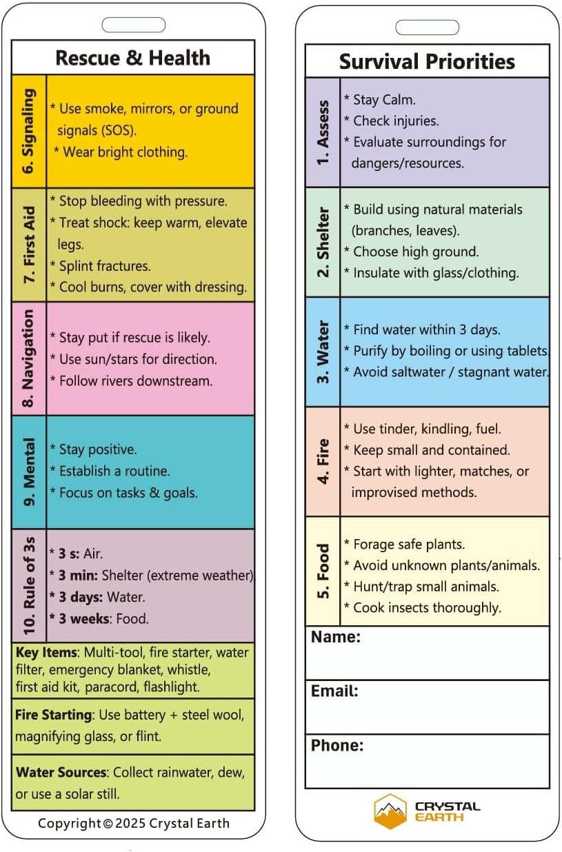 Crystal Earth Hiker's Quick Reference Guide for First Aid & Bag Tag with Survival Tips