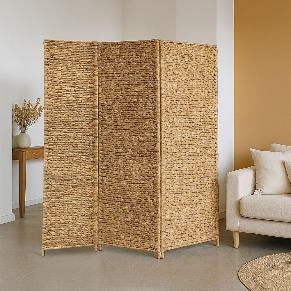 Box and beyond – Biombo interior – 117 x 160 cm – Jacinto de agua natural – 3 paneles – Trenzado apretado – Separador de habitaciones – Habitación – Sala de estar – Oficina – Estilo Bohemio