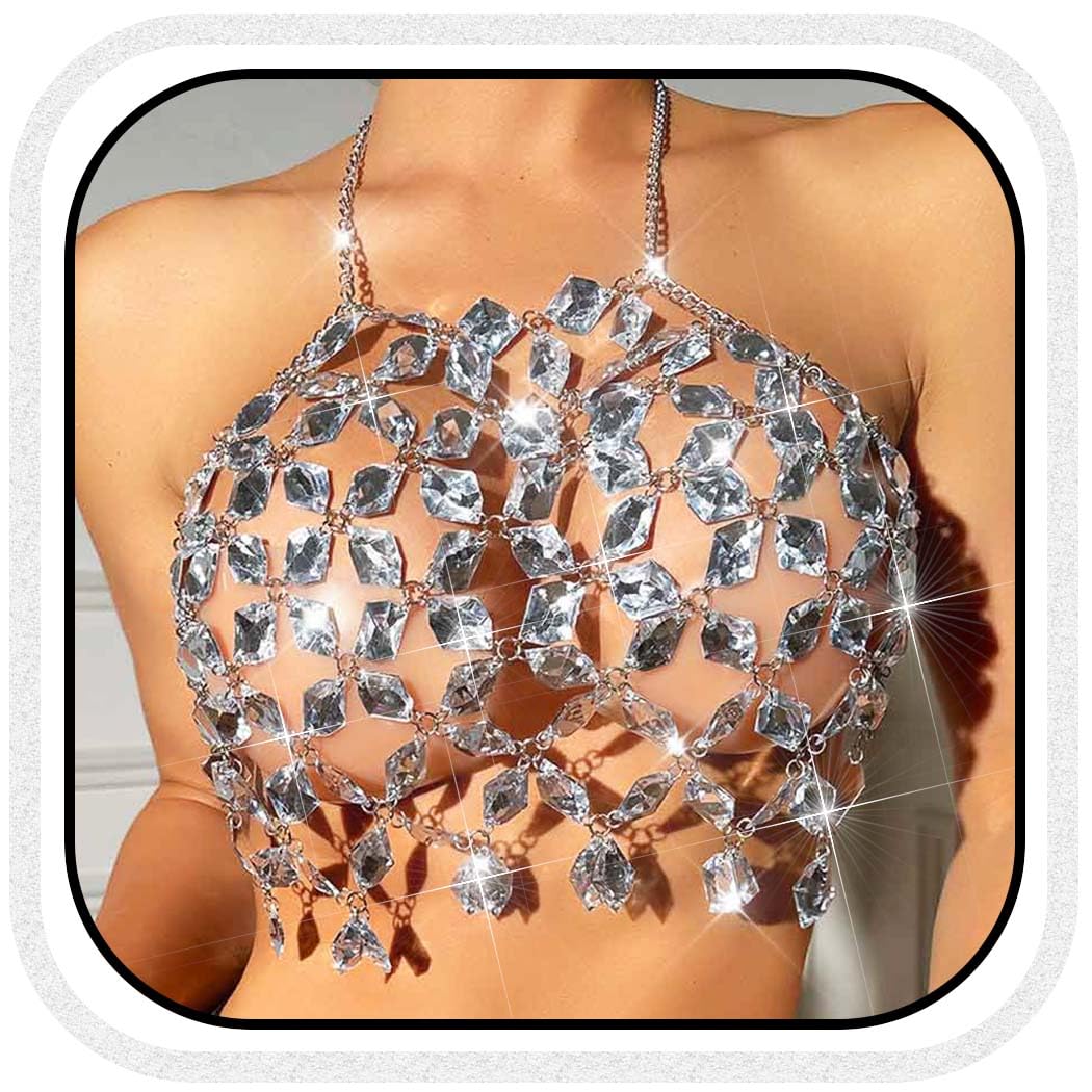 BODIY Crystal Body Chain Top Rhinestones Halter Crop Tops Silver Chest Chain Bra Body for Women