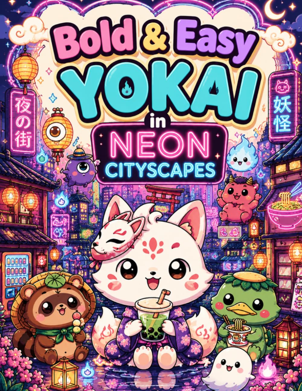 Bold & Easy Yokai in Neon Cityscapes: A Large Print Coloring Book with Cute Japanese Spirits, Cozy Night Streets, and Modern Mythological Scenes for Relaxation
