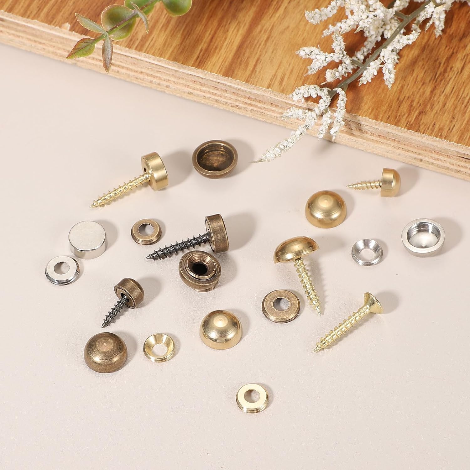 Brass Decorative Screws with Caps, Mirror Screw Self Tapping Screws Decorative Cover - Fitting for(Furniture Fixing- Wall Hangings - Wood Handcrafted) 9mm & 10 Pack & Yellow