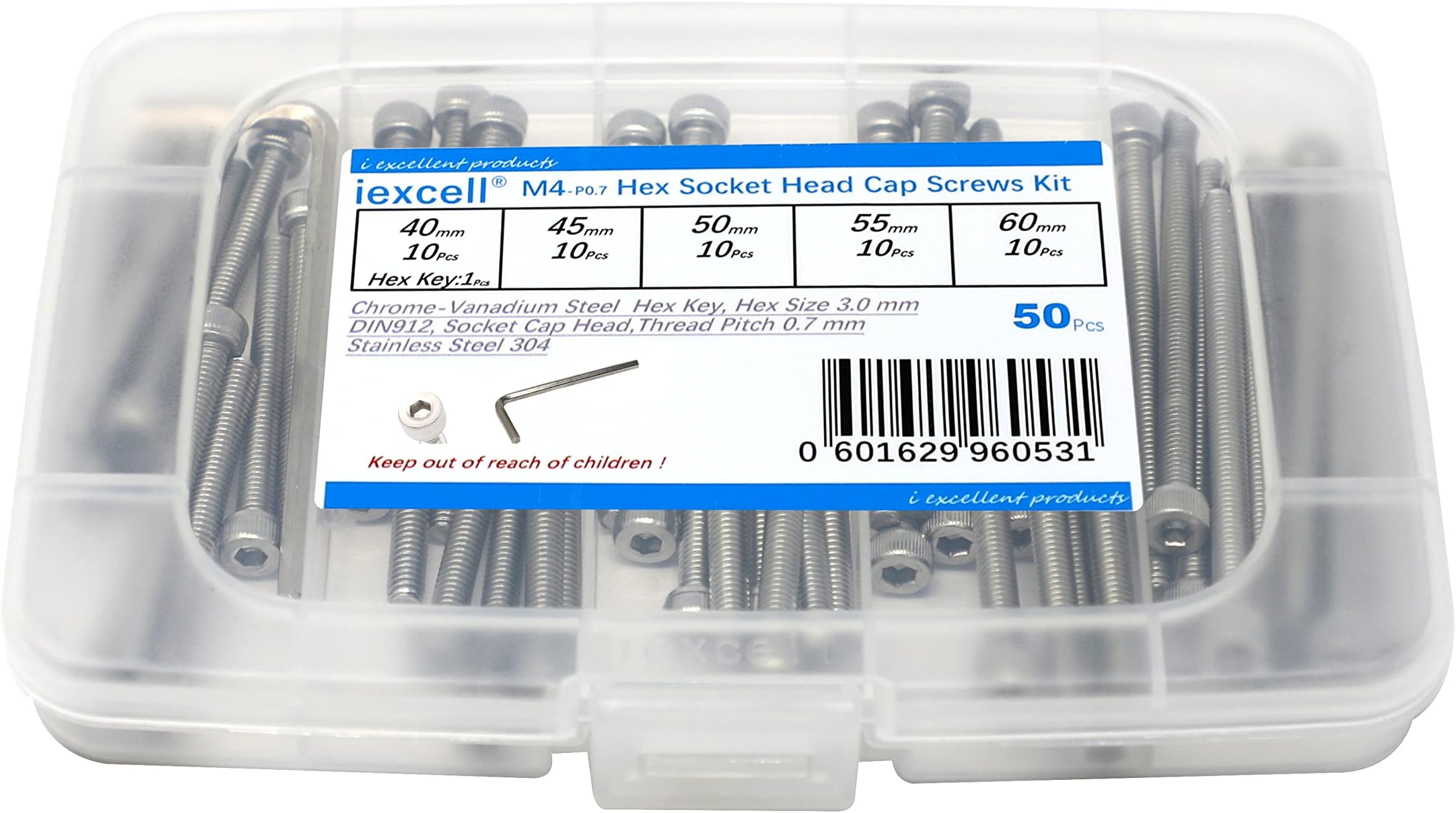 iexcell 50 Pcs M4 x 40/45/50/55/60mm Thread Pitch 0.7 mm Stainless Steel 304 Hex Socket Head Cap Screws Bolts Assortment Kit