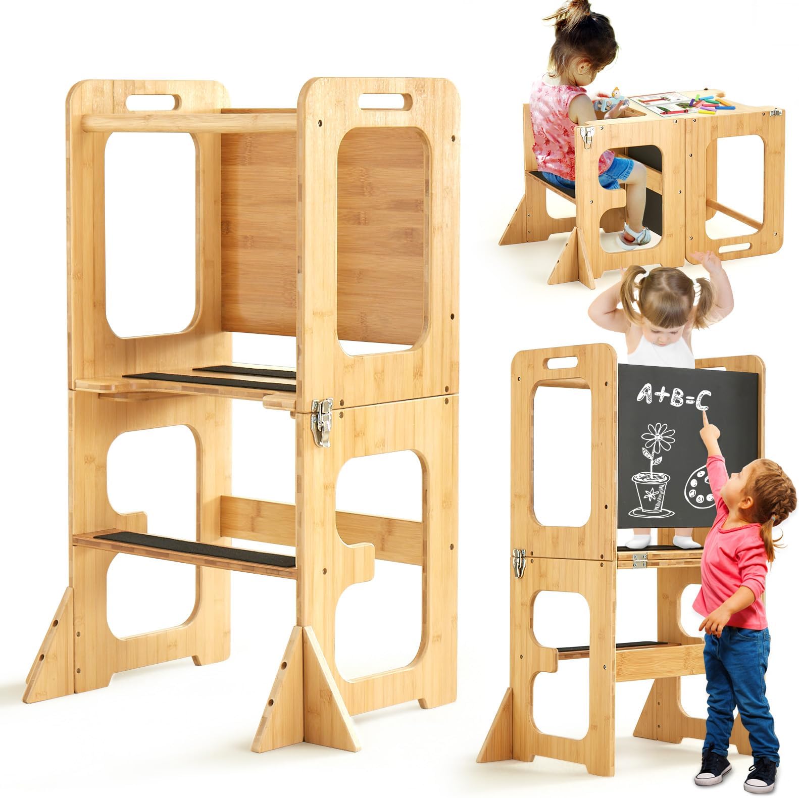 Asweets 4 in 1 Toddler Learning Standing Tower, Toddler Step Stool Table Combo, Wooden Kitchen Step Stool for Toddlers with Chalkboard, Anti-Slip Protection, Ideal Helping Tower for Toddlers(Bamboo)