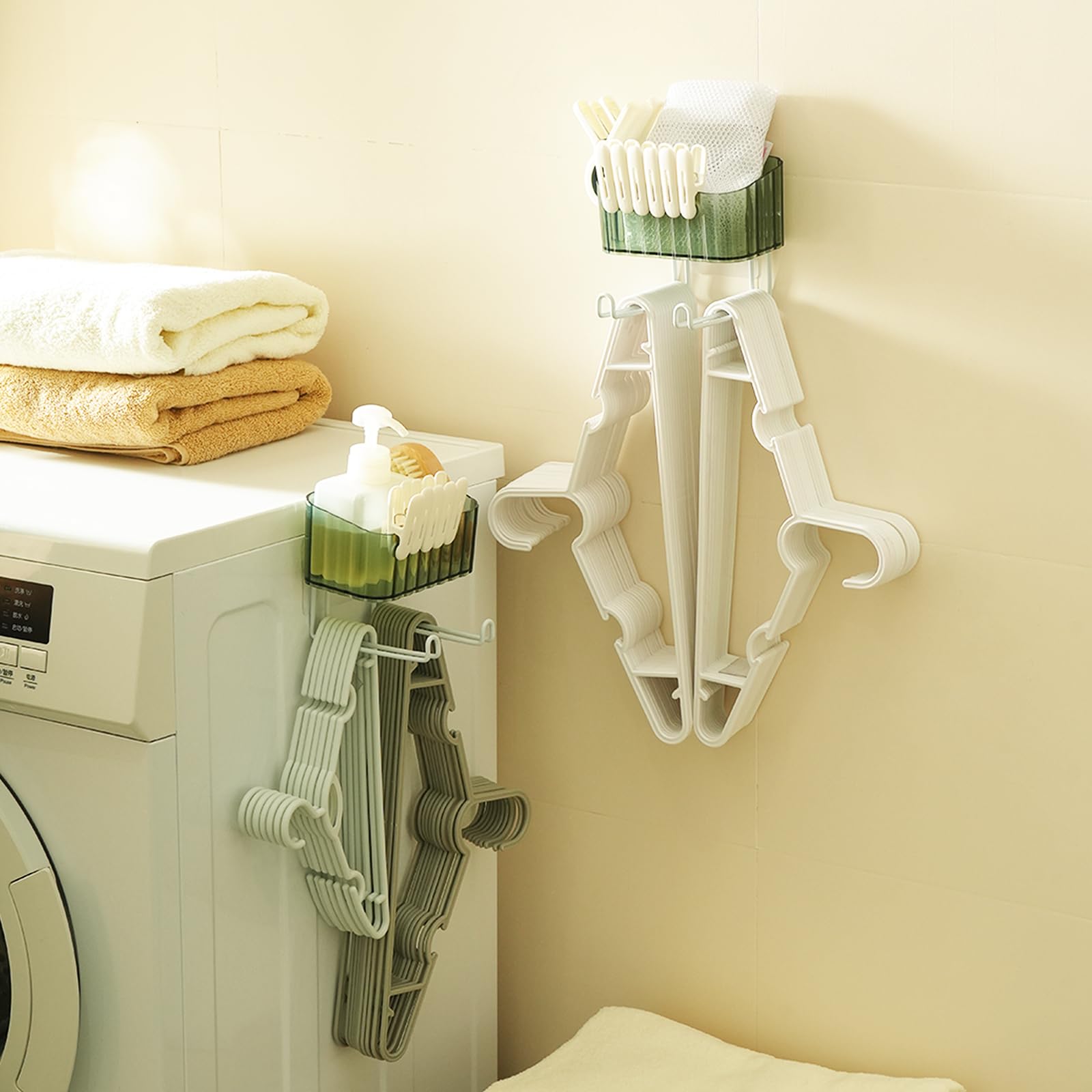 LINFIDITEWall Mounted Clothes Hanger Organizer Adhesive Clothes Hanger Clips Holder Storage Rack Stacker Double Layers Detachable Clothes Hanger Laundry Room Balcony Bathrooms Clear Green