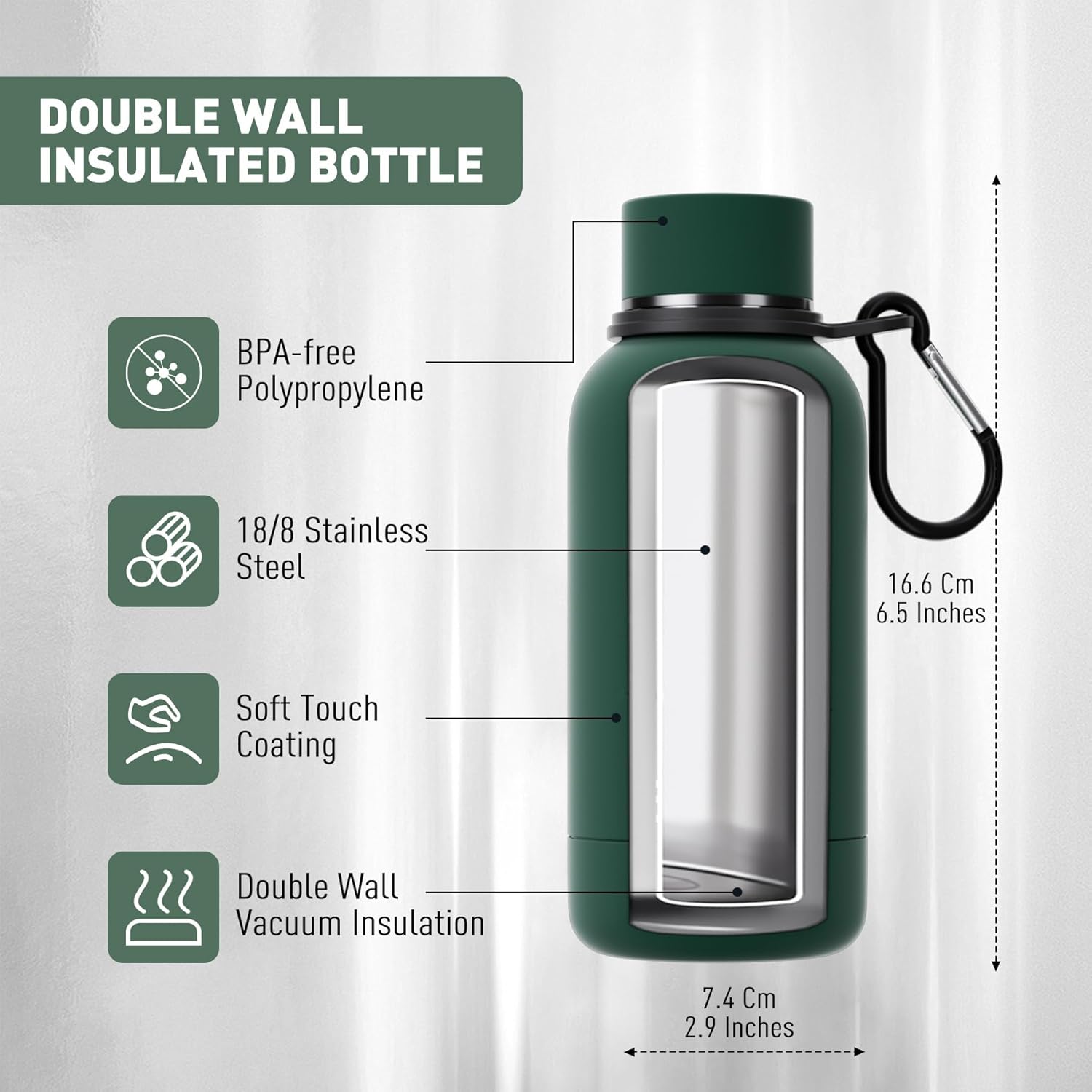 Exllena Small Water Bottle 12oz with Clip, Double Wall Stainless Steel Vacuum Small Insulated Water Bottle Keeps Drinks Cold 24 Hrs/Hot 12 Hrs for Kids Handbag School BPA Free (Emerald Green)