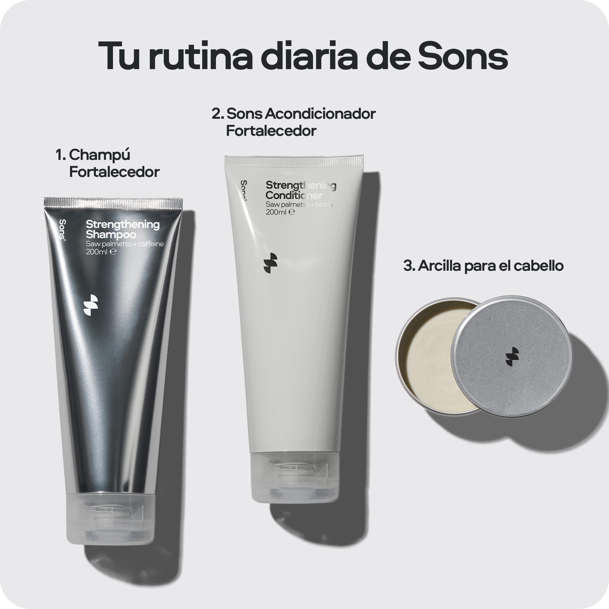 Sons Champú Crecimiento Cabello Hombres 200ml Bloqueador DHT Fórmula Engrosante Saw Palmetto Aceite Argán Cafeína Romero