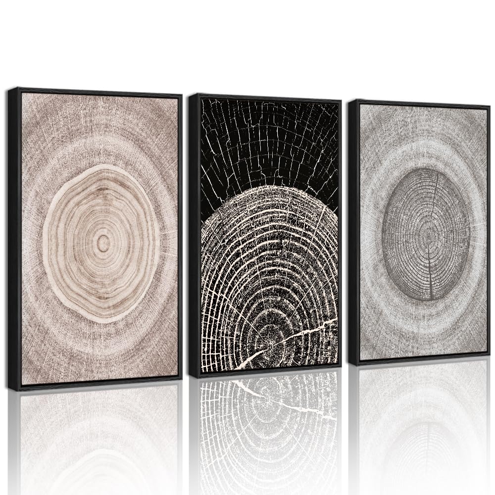 PHOPAGO Vintage Wood Tree Rings Wall Art Farmhouse Rustic Framed Canvas Paintings Living Room Bedroom Decor Nature Artwork 11x14in Black Framed