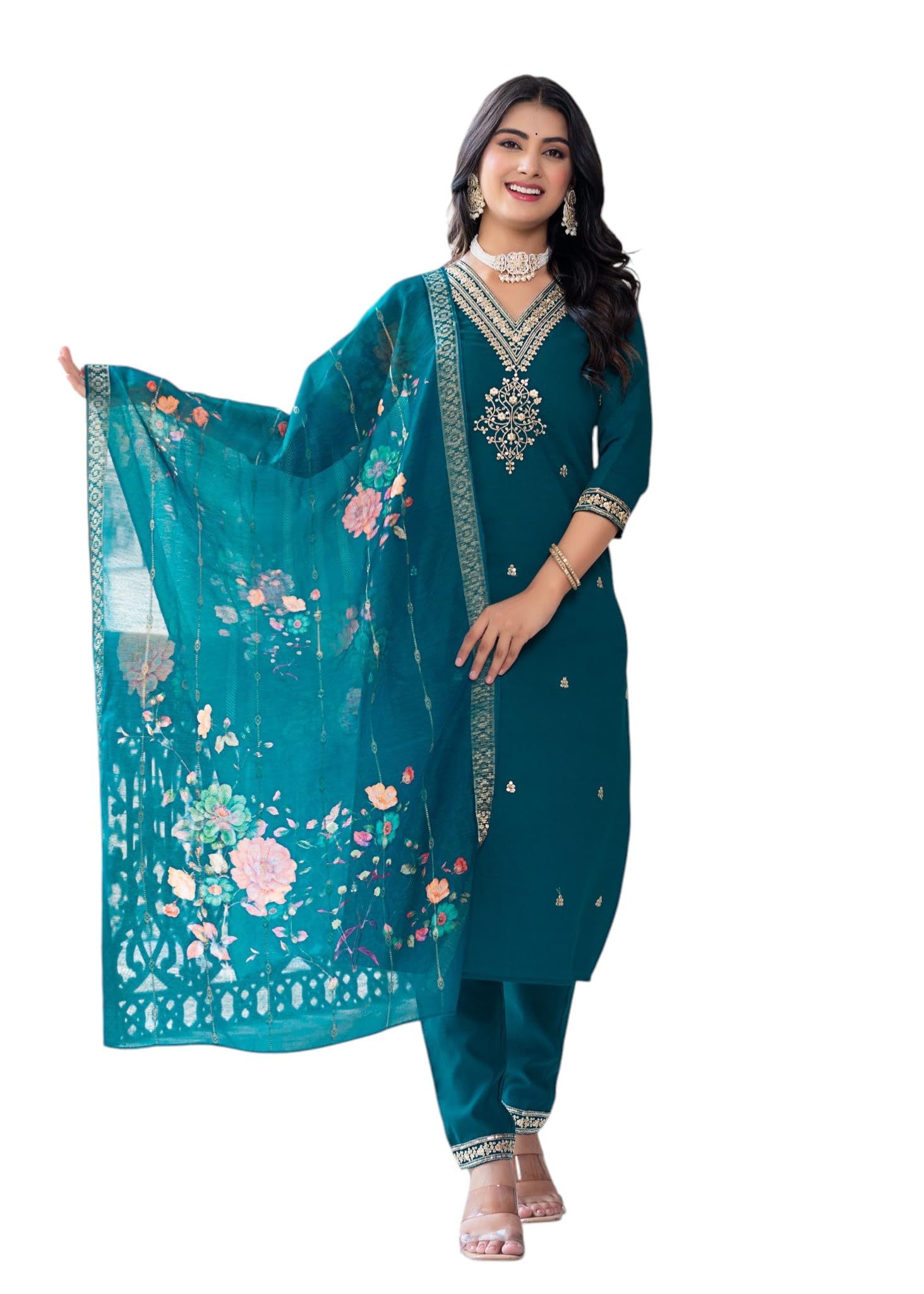 Highlander Women's Viscose Straight Printed Embroidered Kurta with Pant & Dupatta Ethnic Wear Kurta Set for Women | Daily, Office & Festive Traditional in multi