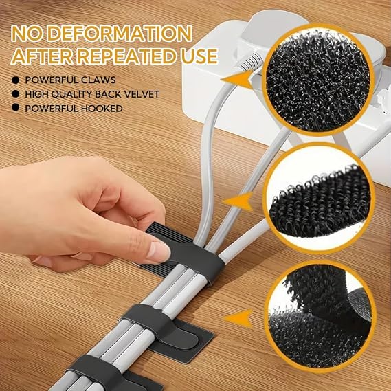 Under Desk Cable Management Set, 50pcs Self-Adhesive Cable Tidy Clips & Reusable Straps, Strong Sticky-Back Hook and Loop Fasteners for Cord Wire Organizer PC TV Laptop Home Office, Black