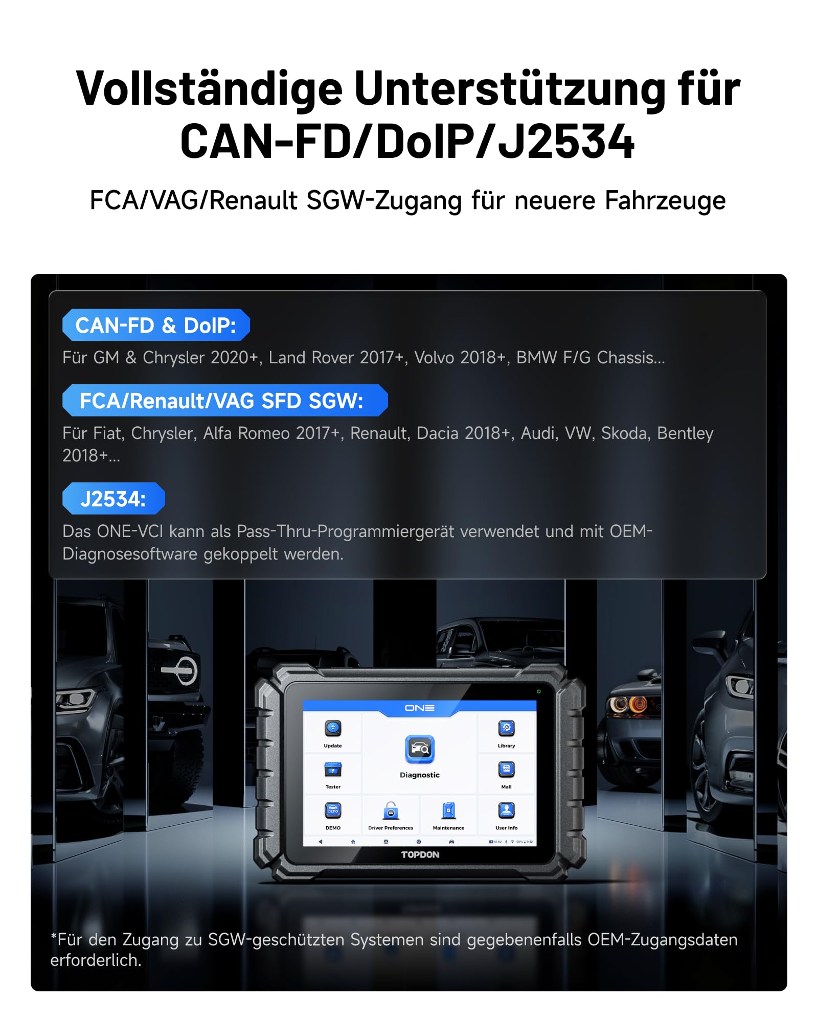 TOPDON ONE 10,1 Zoll OBD2 Diagnosegerät Auto, ECU Codierung & bidirektionaler, OE-Topologie-Mapping, J2534 Pass-Thru, 50+ Servicefunktionen, CAN-FD & DoIP, FCA/Renault/VAG SFD SGW Zugriff, TopFix KI